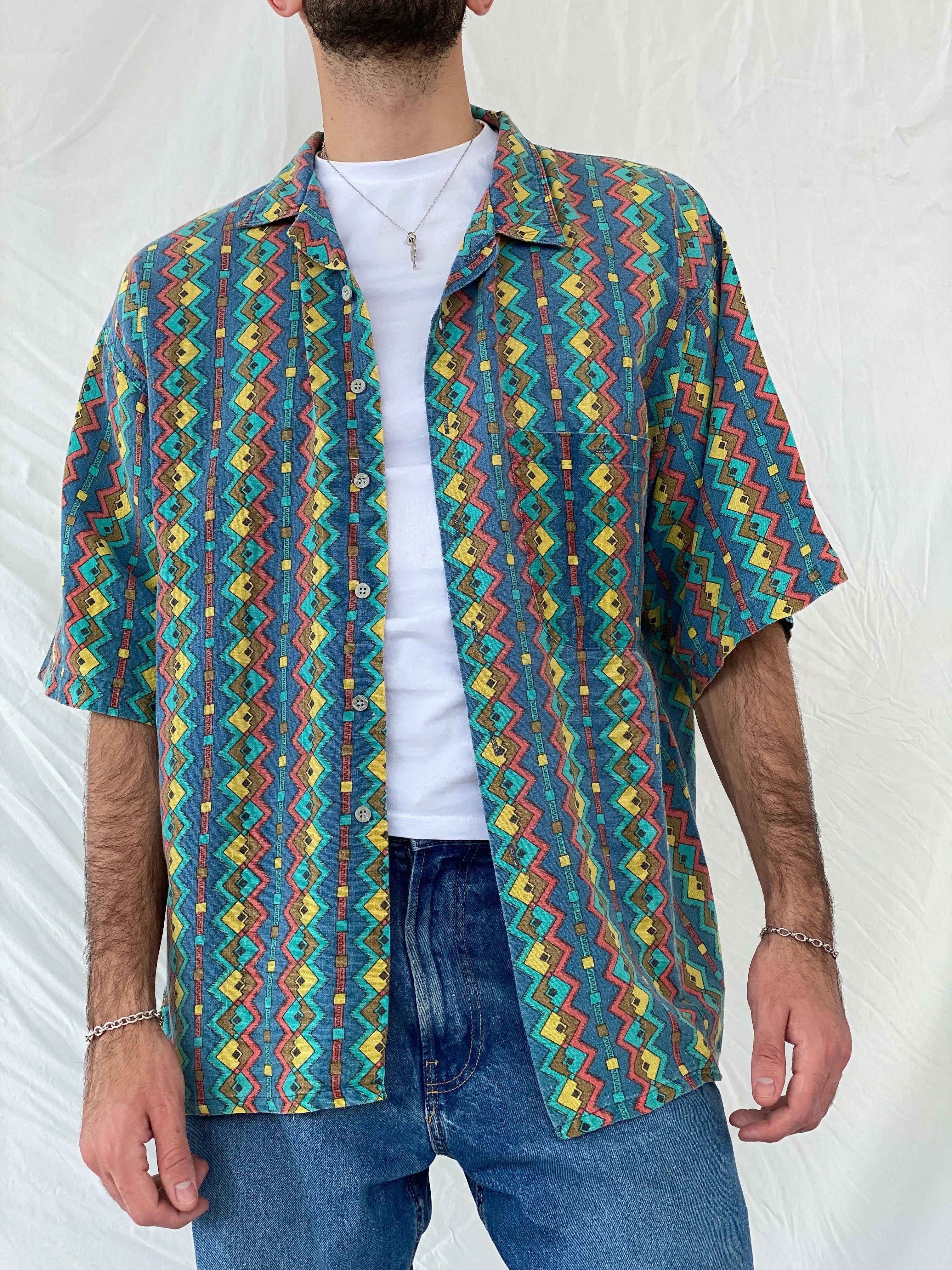 Vintage 80s Pier Connection Geometric Multi-Colored Shirt Size XL - Balagan Vintage Half Sleeve Shirt 80s, Awsam, half sleeve shirt, mens shirt, printed shirt