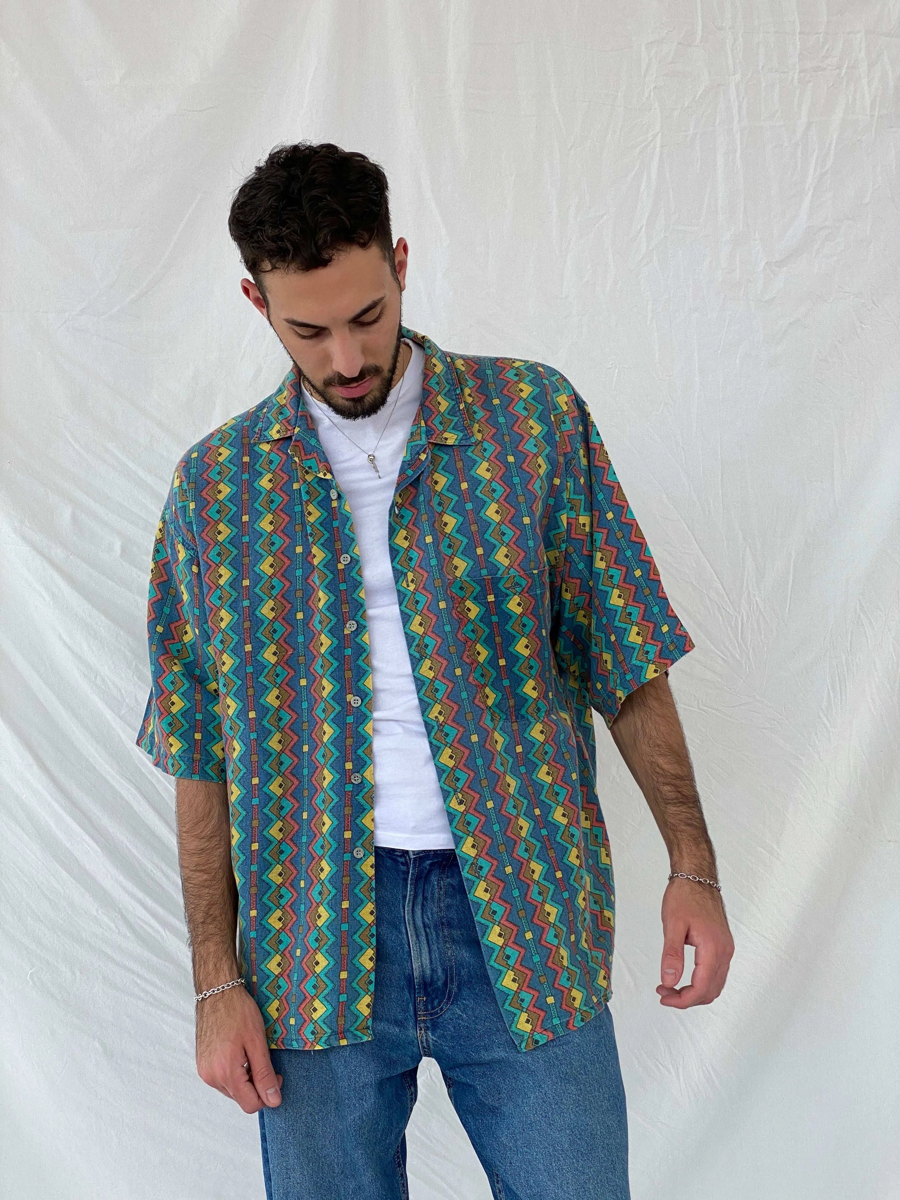 Vintage 80s Pier Connection Geometric Multi-Colored Shirt Size XL - Balagan Vintage Half Sleeve Shirt 80s, Awsam, half sleeve shirt, mens shirt, printed shirt