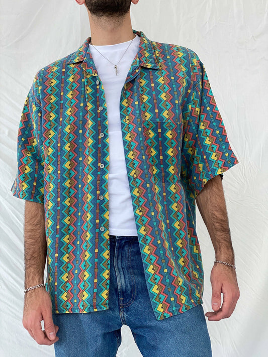 Vintage 80s Pier Connection Geometric Multi-Colored Shirt Size XL - Balagan Vintage Half Sleeve Shirt 80s, Awsam, half sleeve shirt, mens shirt, printed shirt