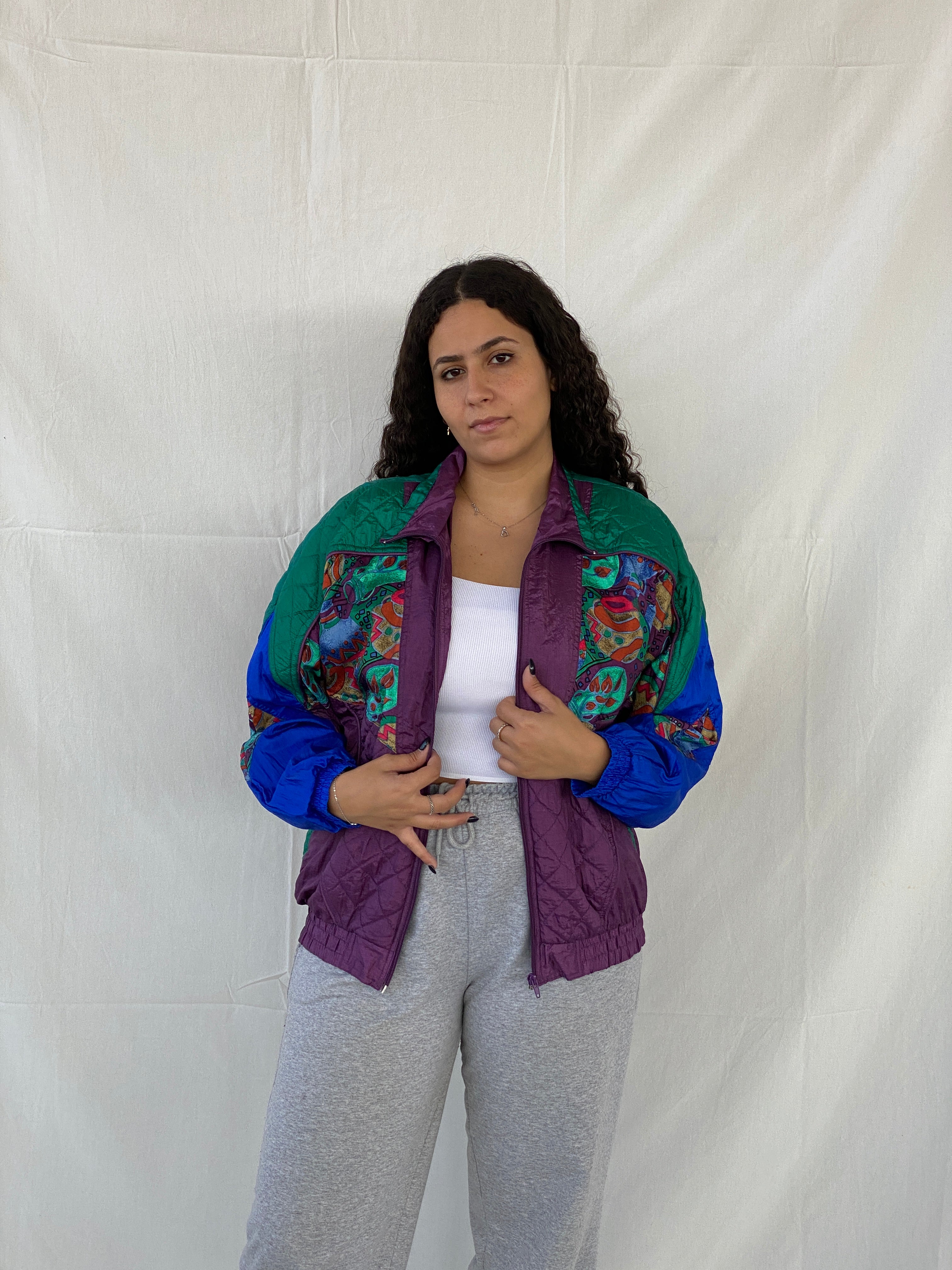 Vintage 80s/90s Active Studio by Div Rousso Quilted Green & Purple Track Windbreaker Jacket - M - Balagan Vintage Windbreaker Jacket 80s, 90s, Dina, windbreaker jacket