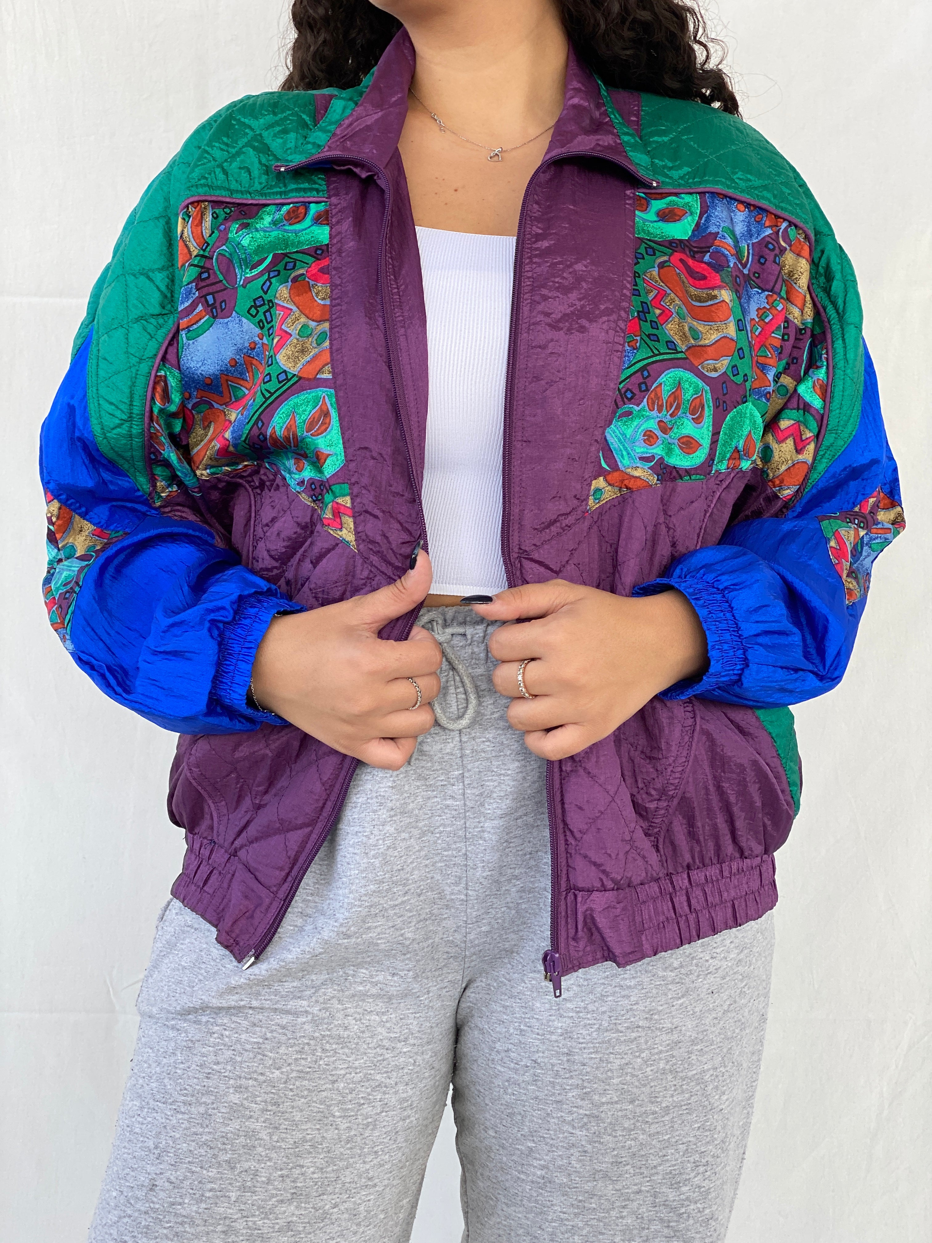 Vintage 80s/90s Active Studio by Div Rousso Quilted Green & Purple Track Windbreaker Jacket - M - Balagan Vintage Windbreaker Jacket 80s, 90s, Dina, windbreaker jacket