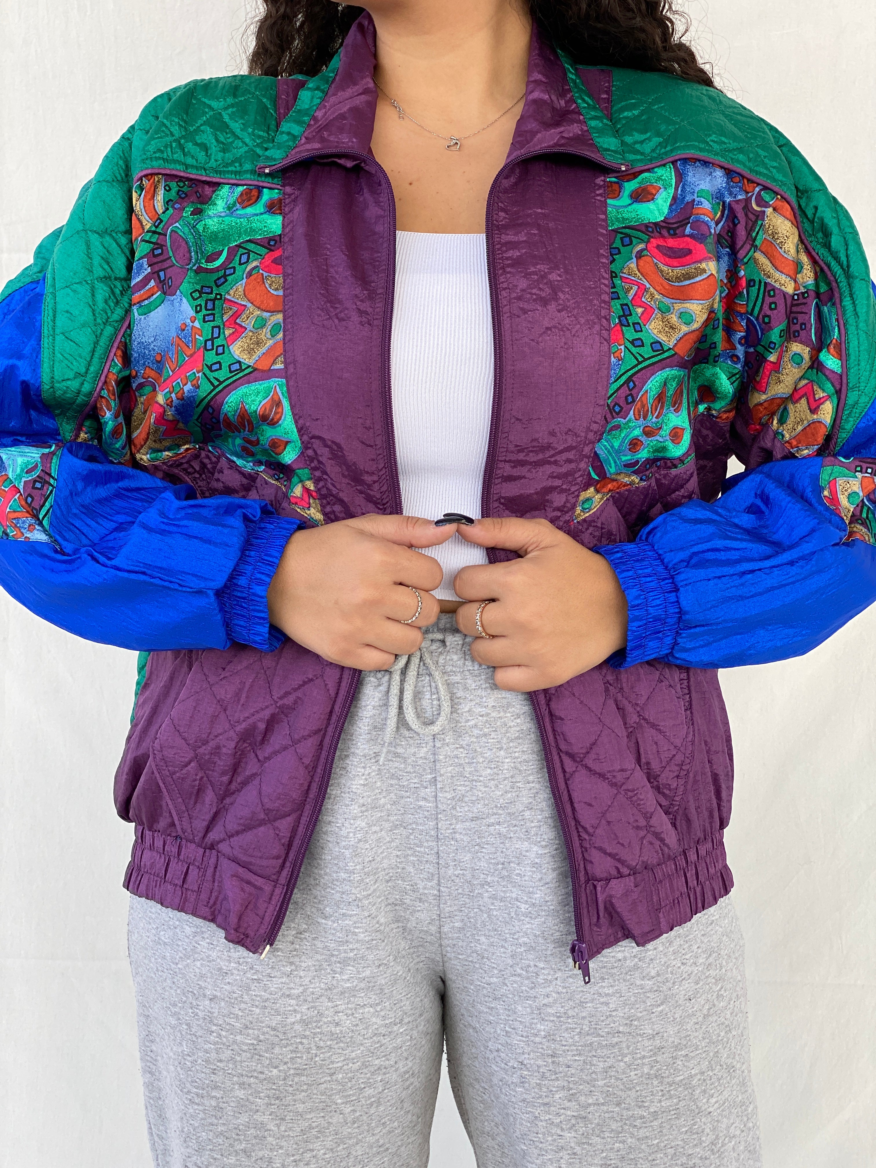 Vintage 80s/90s Active Studio by Div Rousso Quilted Green & Purple Track Windbreaker Jacket - M - Balagan Vintage Windbreaker Jacket 80s, 90s, Dina, windbreaker jacket