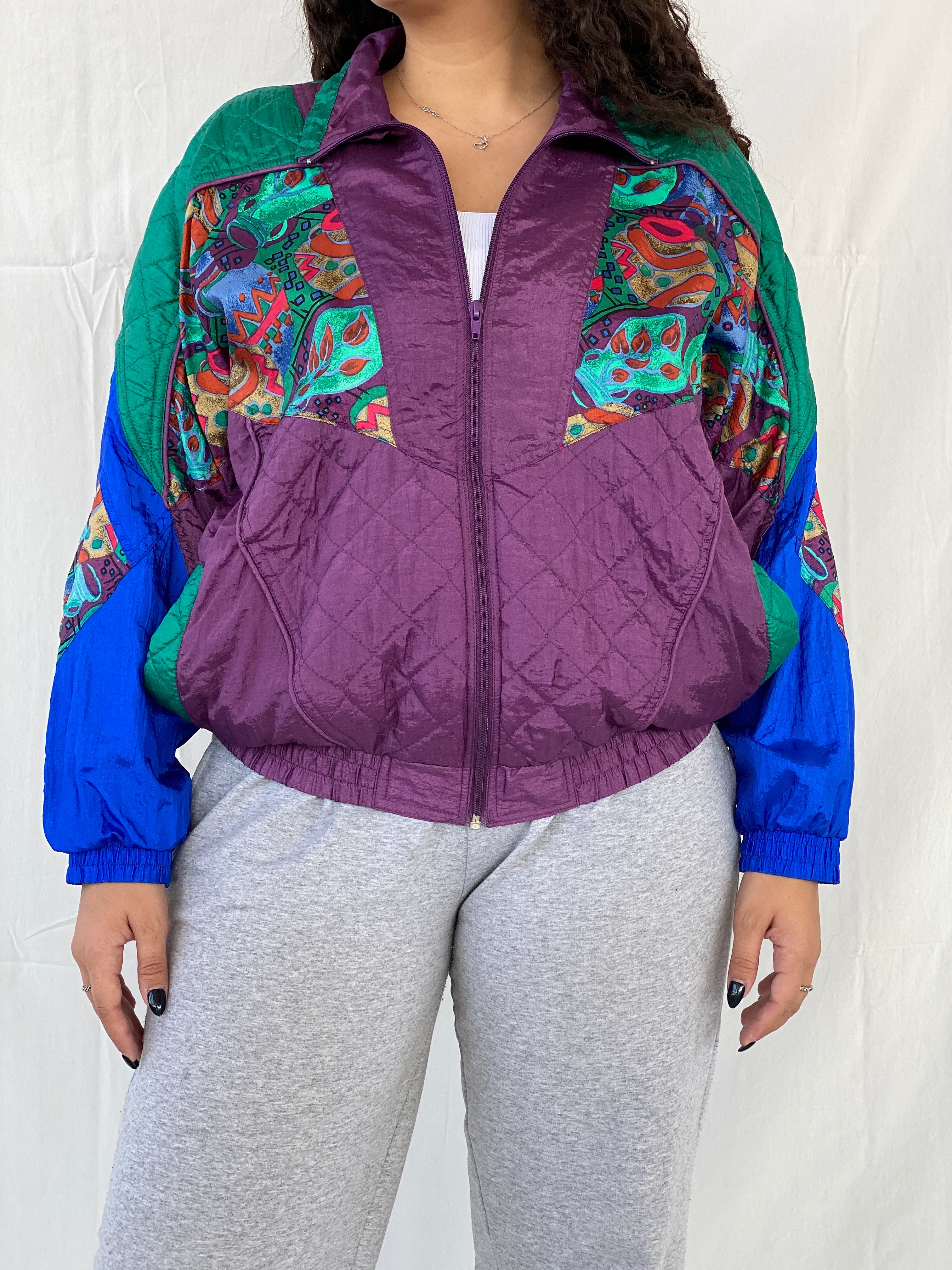 Vintage 80s/90s Active Studio by Div Rousso Quilted Green & Purple Track Windbreaker Jacket - M - Balagan Vintage Windbreaker Jacket 80s, 90s, Dina, windbreaker jacket