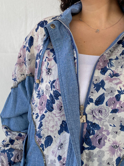 Vintage 80s/90s Active Stuff Floral Blue Windbreaker Sports Jacket - M - Balagan Vintage Windbreaker Jacket 00s, 90s, Coats&Jackets, Dina, vintage windbreaker, windbreaker, windbreaker jacket, Women's Windbreaker Jackets