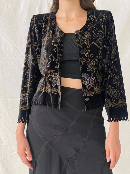Vintage 80s/90s Black Velvet Button Front Cardigan With Gold Floral Details - M - Balagan Vintage Blazer 90s, blazer, Mira, winter