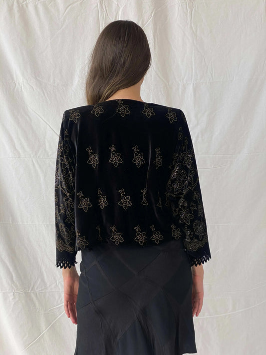 Vintage 80s/90s Black Velvet Button Front Cardigan With Gold Floral Details - M - Balagan Vintage Blazer 90s, blazer, Mira, winter