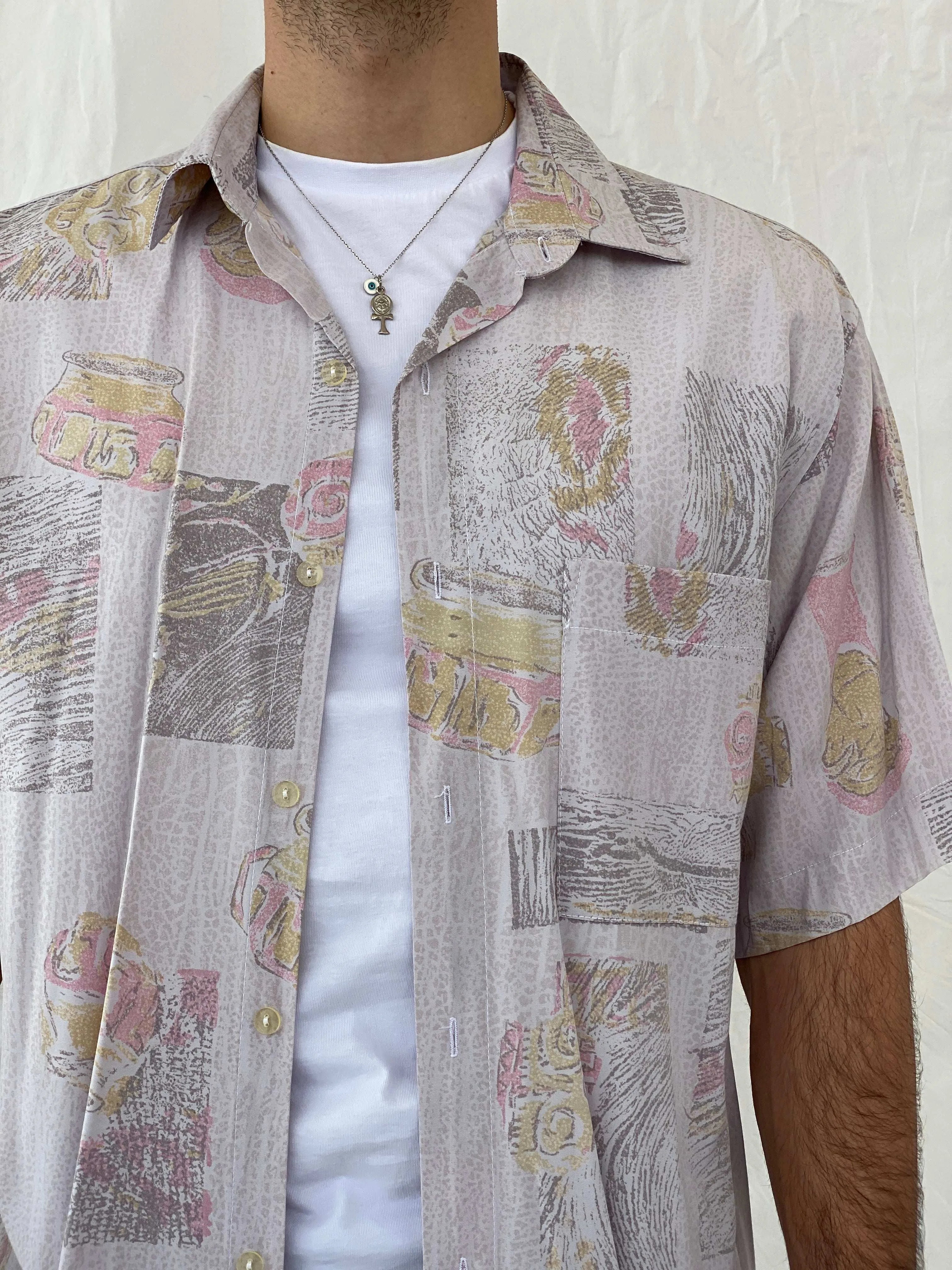 Vintage 80s/90s Euro Fashion Pastel Pink Half Sleeve Shirt Size L/XL - Balagan Vintage Half Sleeve Shirt 80s, Awsam, half sleeve shirt, mens shirt, printed shirt