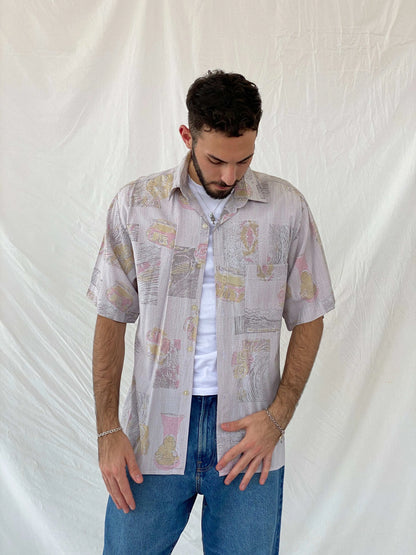 Vintage 80s/90s Euro Fashion Pastel Pink Half Sleeve Shirt Size L/XL - Balagan Vintage Half Sleeve Shirt 80s, Awsam, half sleeve shirt, mens shirt, printed shirt