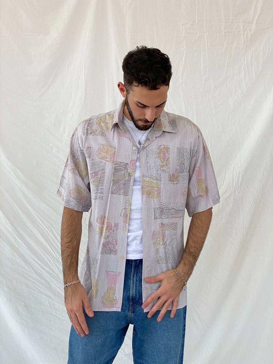 Vintage 80s/90s Euro Fashion Pastel Pink Half Sleeve Shirt Size L/XL - Balagan Vintage Half Sleeve Shirt 80s, Awsam, half sleeve shirt, mens shirt, printed shirt