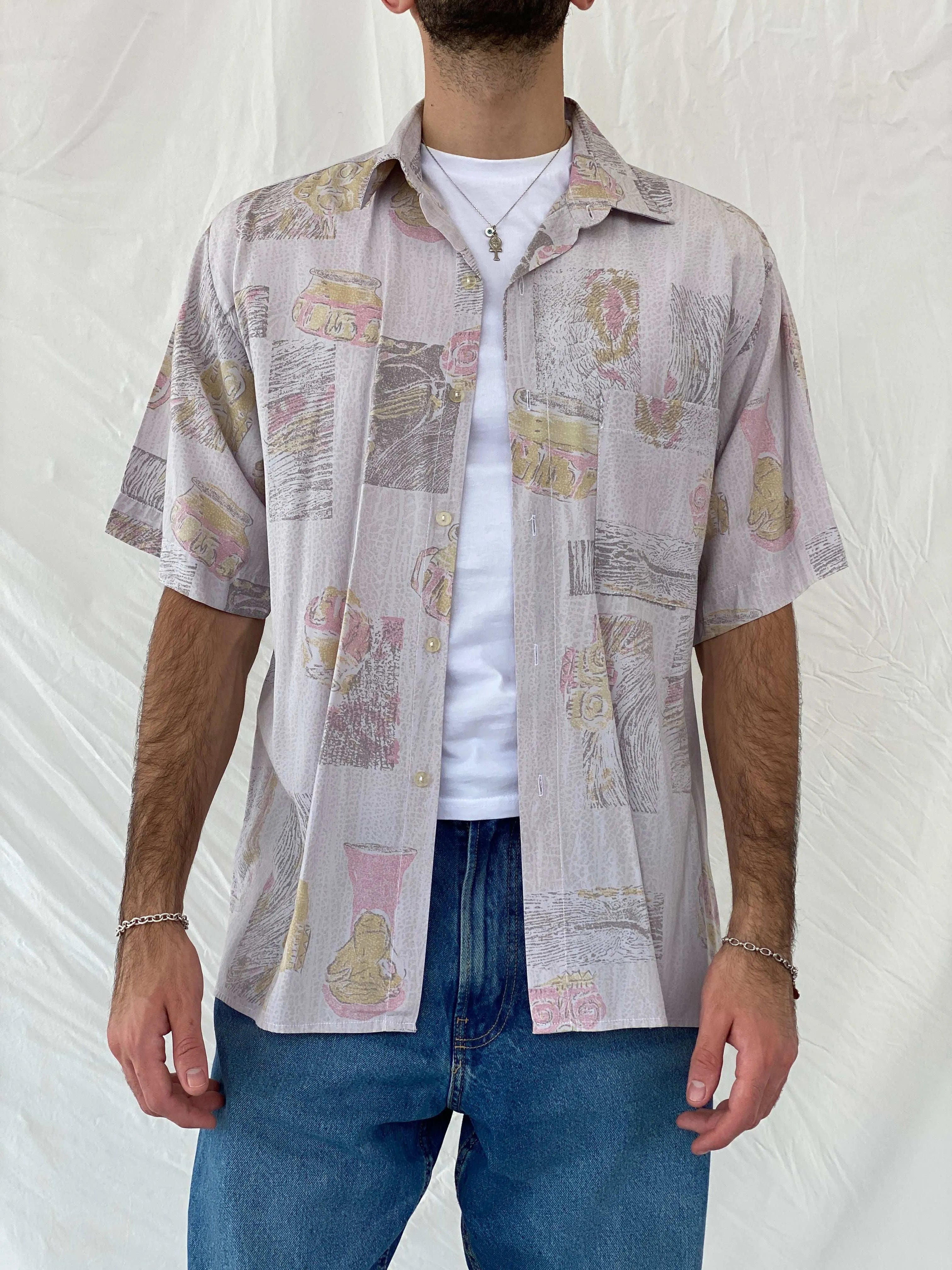 Vintage 80s/90s Euro Fashion Pastel Pink Half Sleeve Shirt Size L/XL - Balagan Vintage Half Sleeve Shirt 80s, Awsam, half sleeve shirt, mens shirt, printed shirt
