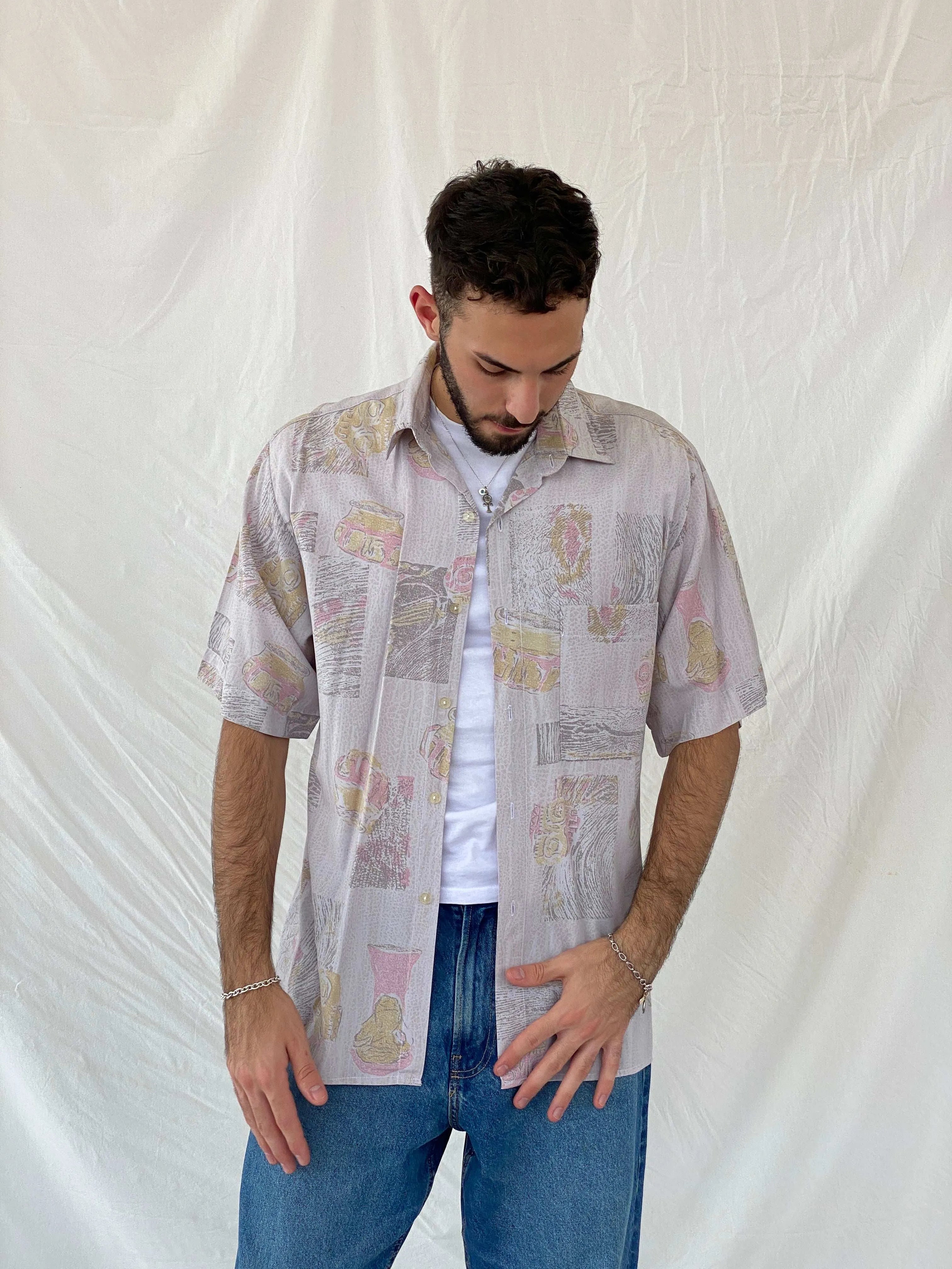 Vintage 80s/90s Euro Fashion Pastel Pink Half Sleeve Shirt Size L/XL - Balagan Vintage Half Sleeve Shirt 80s, Awsam, half sleeve shirt, mens shirt, printed shirt