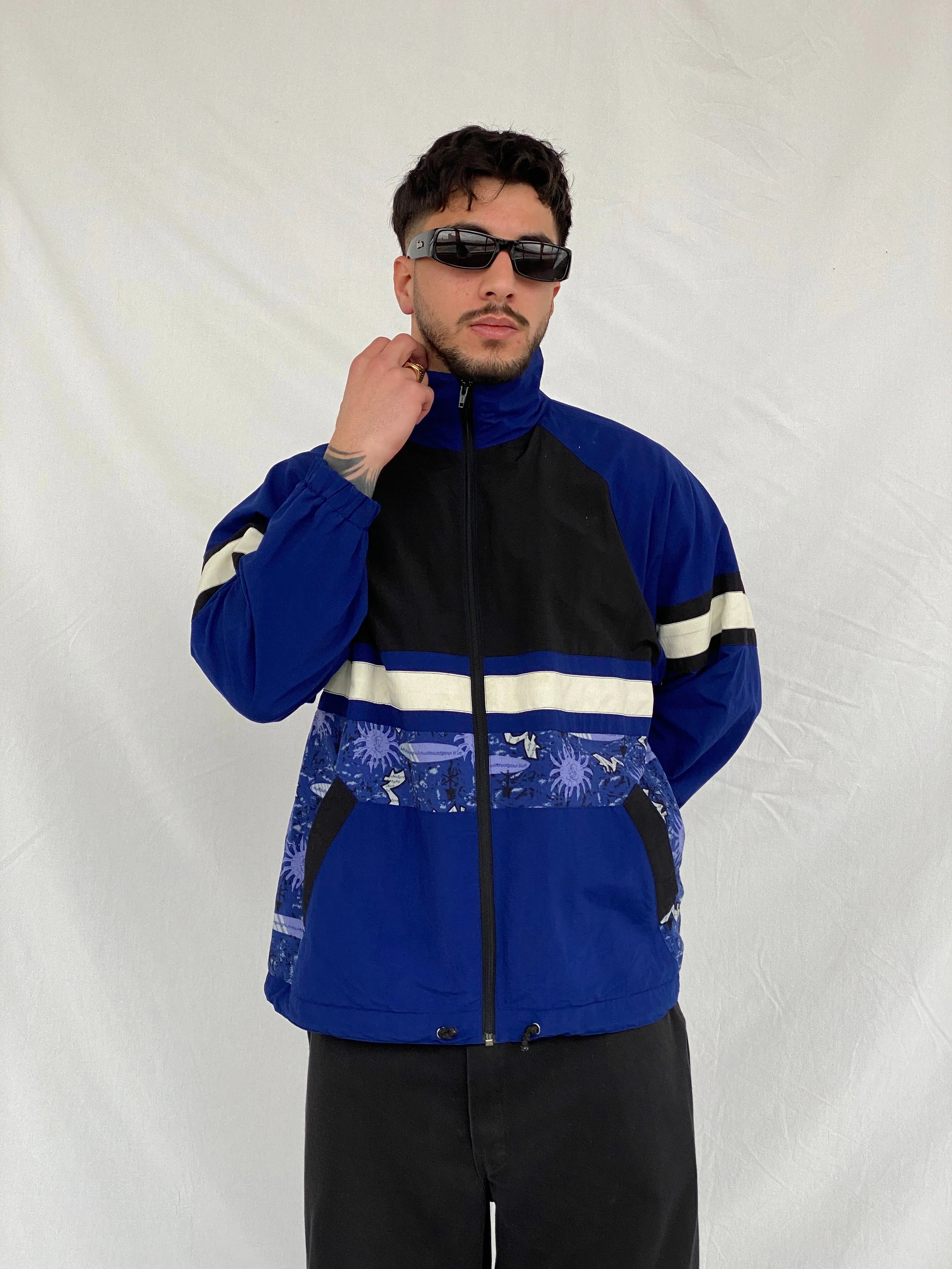 Vintage 80s/90s Formicula Black & Navy Windbreaker Track Jacket - L - Balagan Vintage Windbreaker Jacket consignment, Hamza, Tasnim, vintage windbreaker, windbreaker, windbreaker jacket, winter