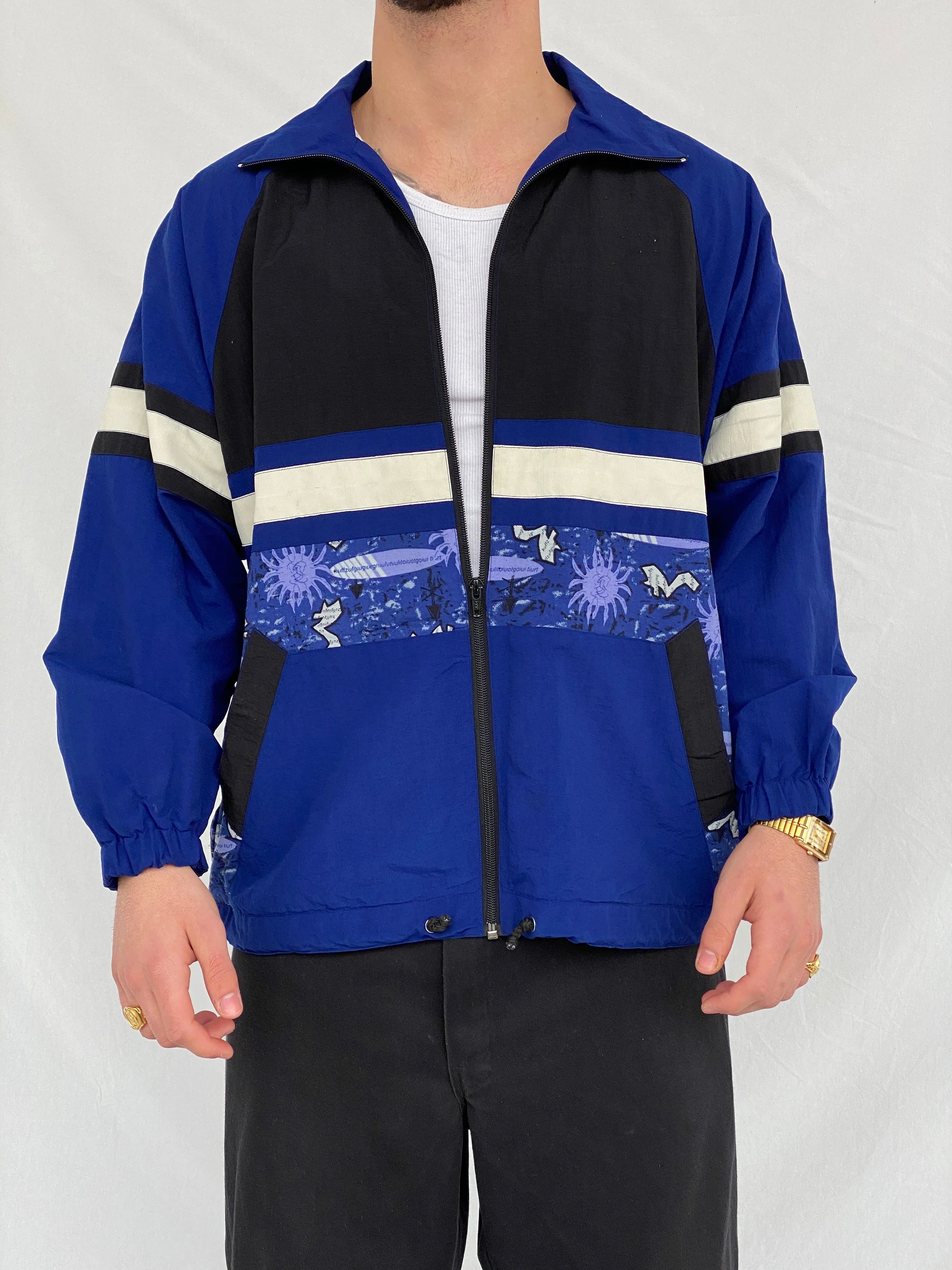 Vintage 80s/90s Formicula Black & Navy Windbreaker Track Jacket - L - Balagan Vintage Windbreaker Jacket consignment, Hamza, Tasnim, vintage windbreaker, windbreaker, windbreaker jacket, winter
