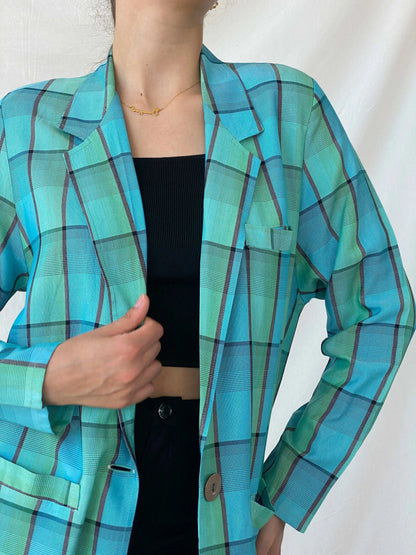 Vintage 80s/90s Instant Shop Green & Blue Plaid Oversized Blazer - L - Balagan Vintage Blazer 00s, blazer, Coats&Jackets, full sleeve blazer, Mira, plaid, plaid blazer, Women's Blazers