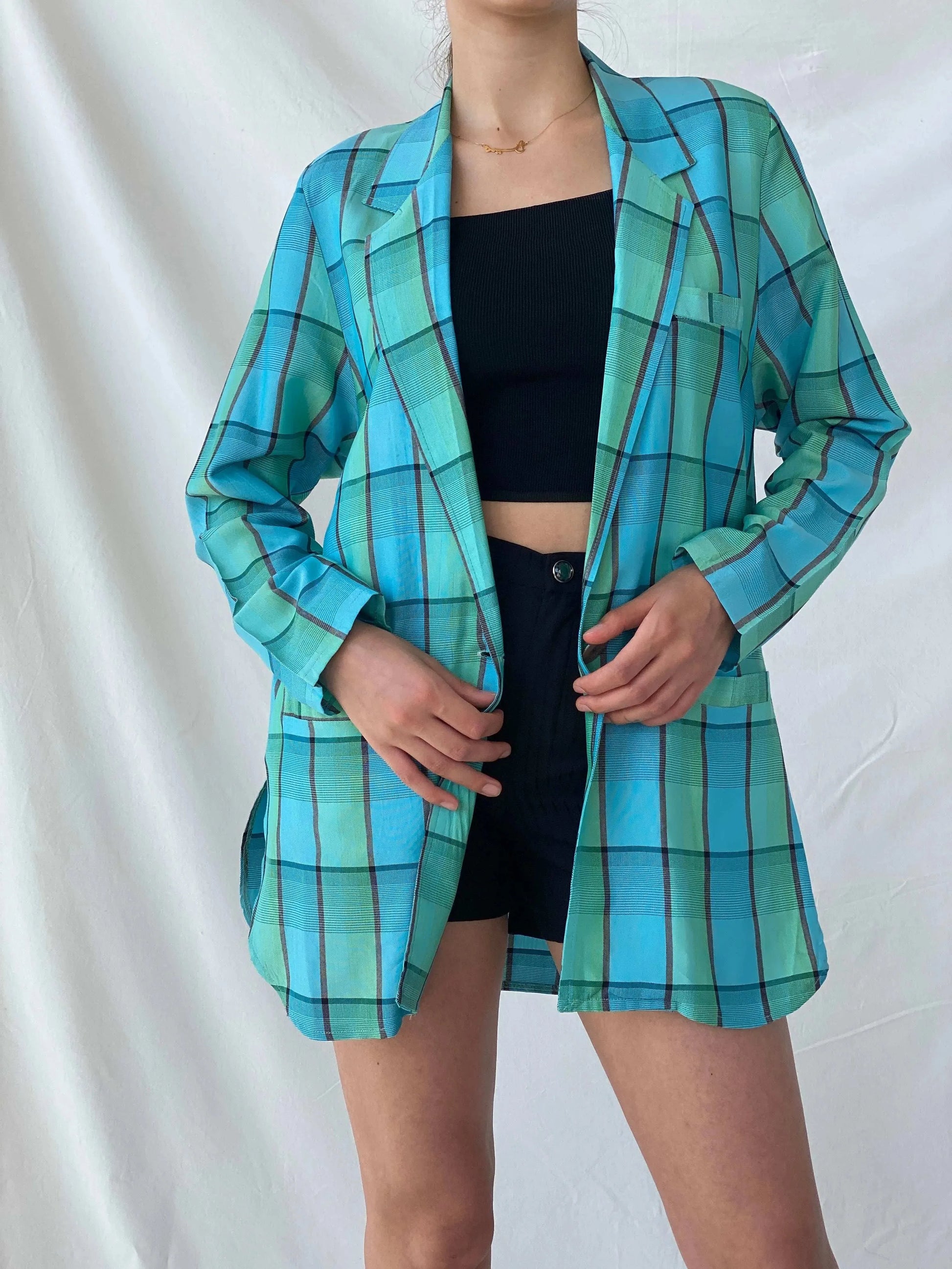 Vintage 80s/90s Instant Shop Green & Blue Plaid Oversized Blazer - L - Balagan Vintage Blazer 00s, blazer, Coats&Jackets, full sleeve blazer, Mira, plaid, plaid blazer, Women's Blazers