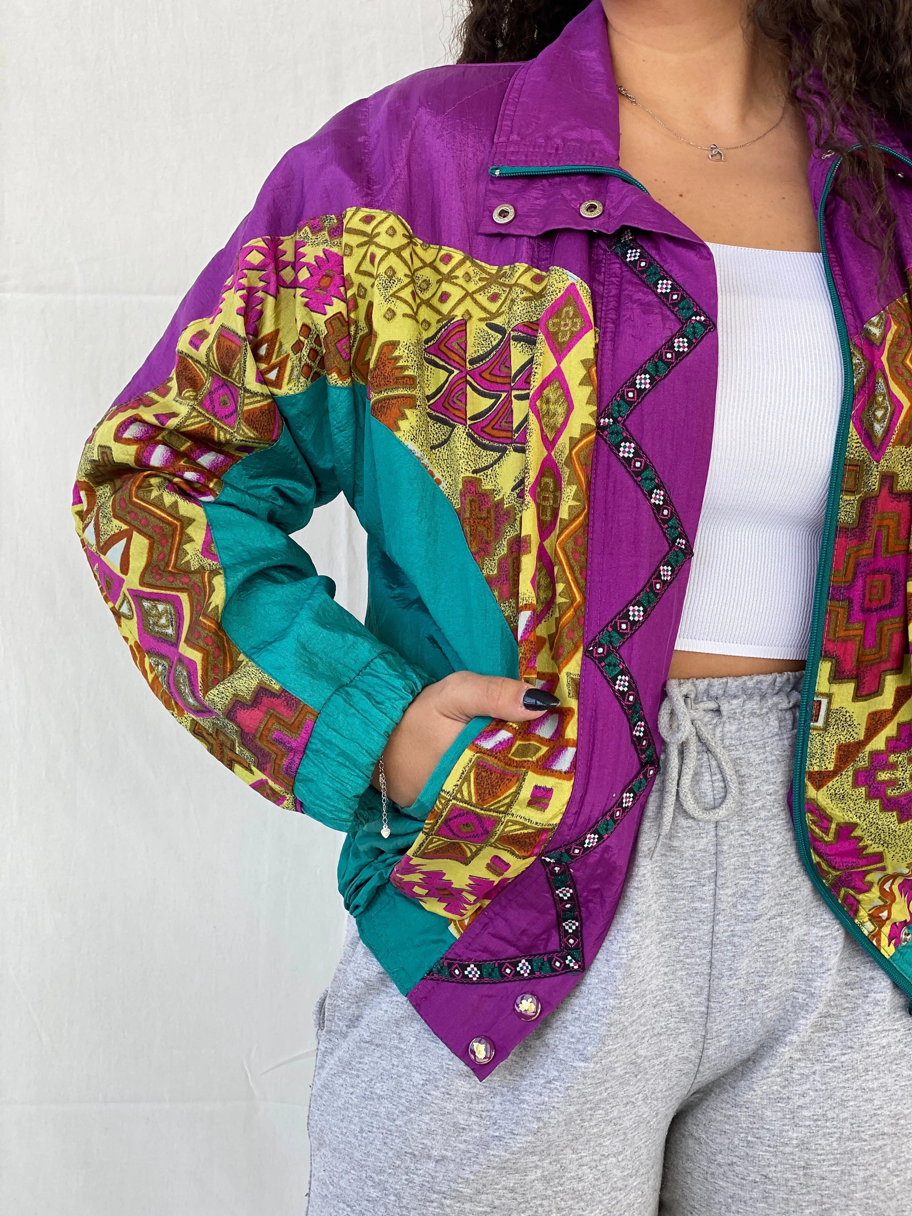 Vintage 80s/90s Lavon by Cheerful Corp Green Tribal Print Windbreaker Track Jacket - S - Balagan Vintage Windbreaker Jacket Coats&Jackets, Dina, windbreaker, windbreaker jacket, Women's Windbreaker Jackets