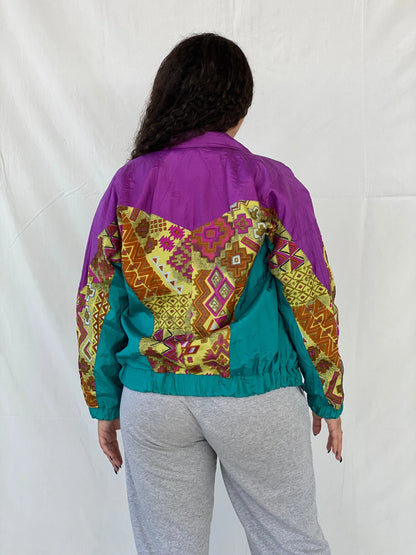 Vintage 80s/90s Lavon by Cheerful Corp Green Tribal Print Windbreaker Track Jacket - S - Balagan Vintage Windbreaker Jacket Coats&Jackets, Dina, windbreaker, windbreaker jacket, Women's Windbreaker Jackets