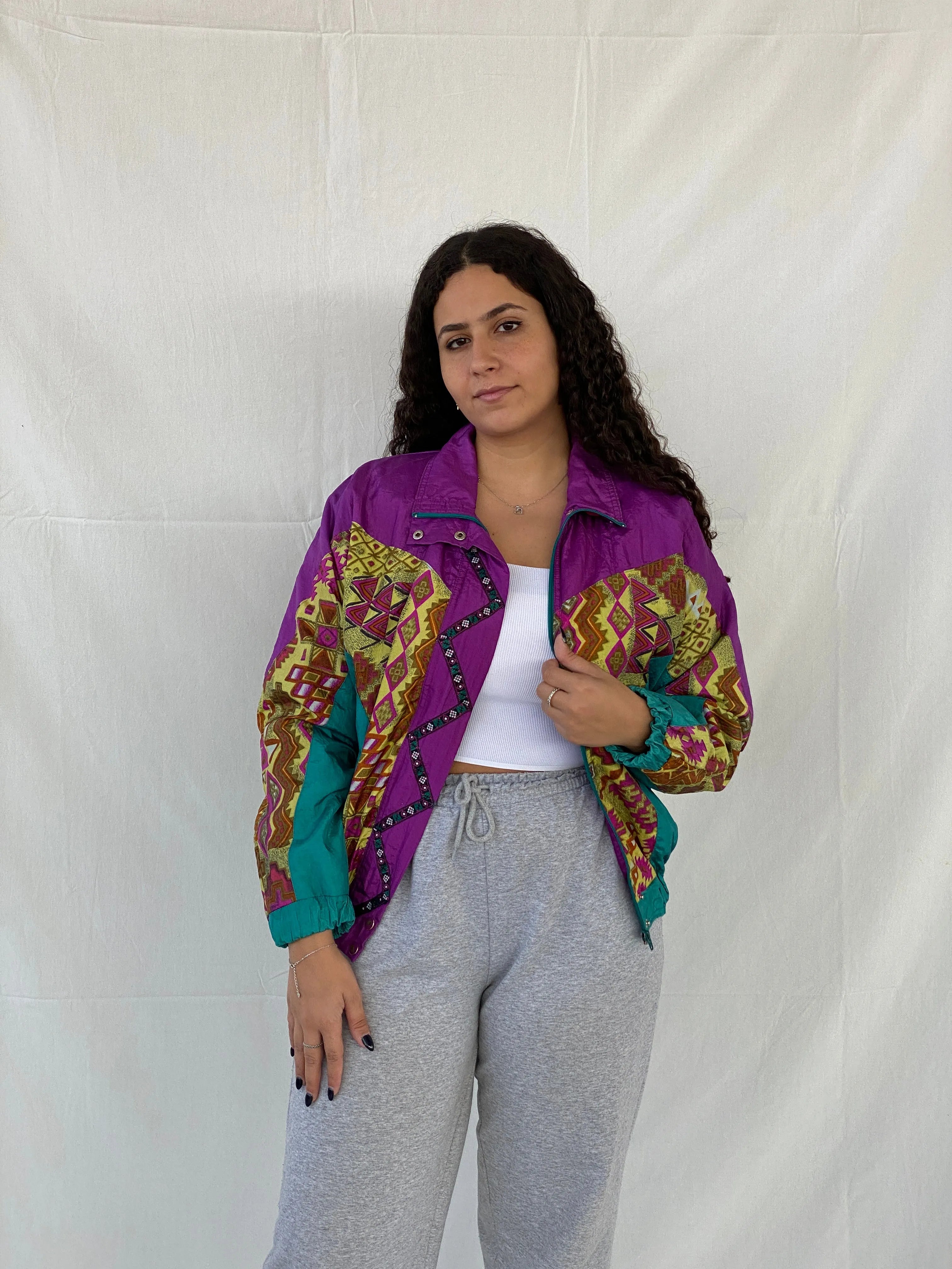 Vintage 80s/90s Lavon by Cheerful Corp Green Tribal Print Windbreaker Track Jacket - S - Balagan Vintage Windbreaker Jacket Coats&Jackets, Dina, windbreaker, windbreaker jacket, Women's Windbreaker Jackets