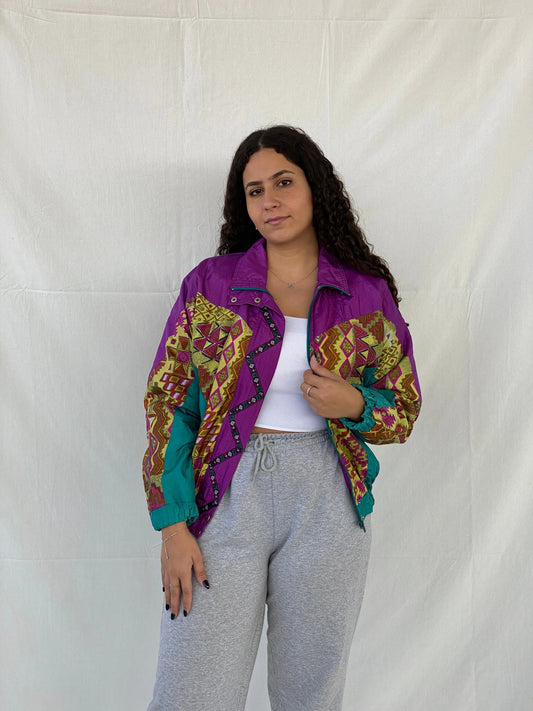 Vintage 80s/90s Lavon by Cheerful Corp Green Tribal Print Windbreaker Track Jacket - S - Balagan Vintage Windbreaker Jacket Coats&Jackets, Dina, windbreaker, windbreaker jacket, Women's Windbreaker Jackets
