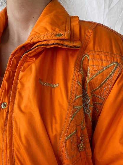 Vintage 80s/90s Slazenger Ski Orange Gold Floral Embellished Puffer Jacket - L - Balagan Vintage Windbreaker Jacket 00s, Ayah, Coats&Jackets, ski jacket, vintage, vintage windbreaker, windbreaker, windbreaker jacket, women, Women's Windbreaker Jackets