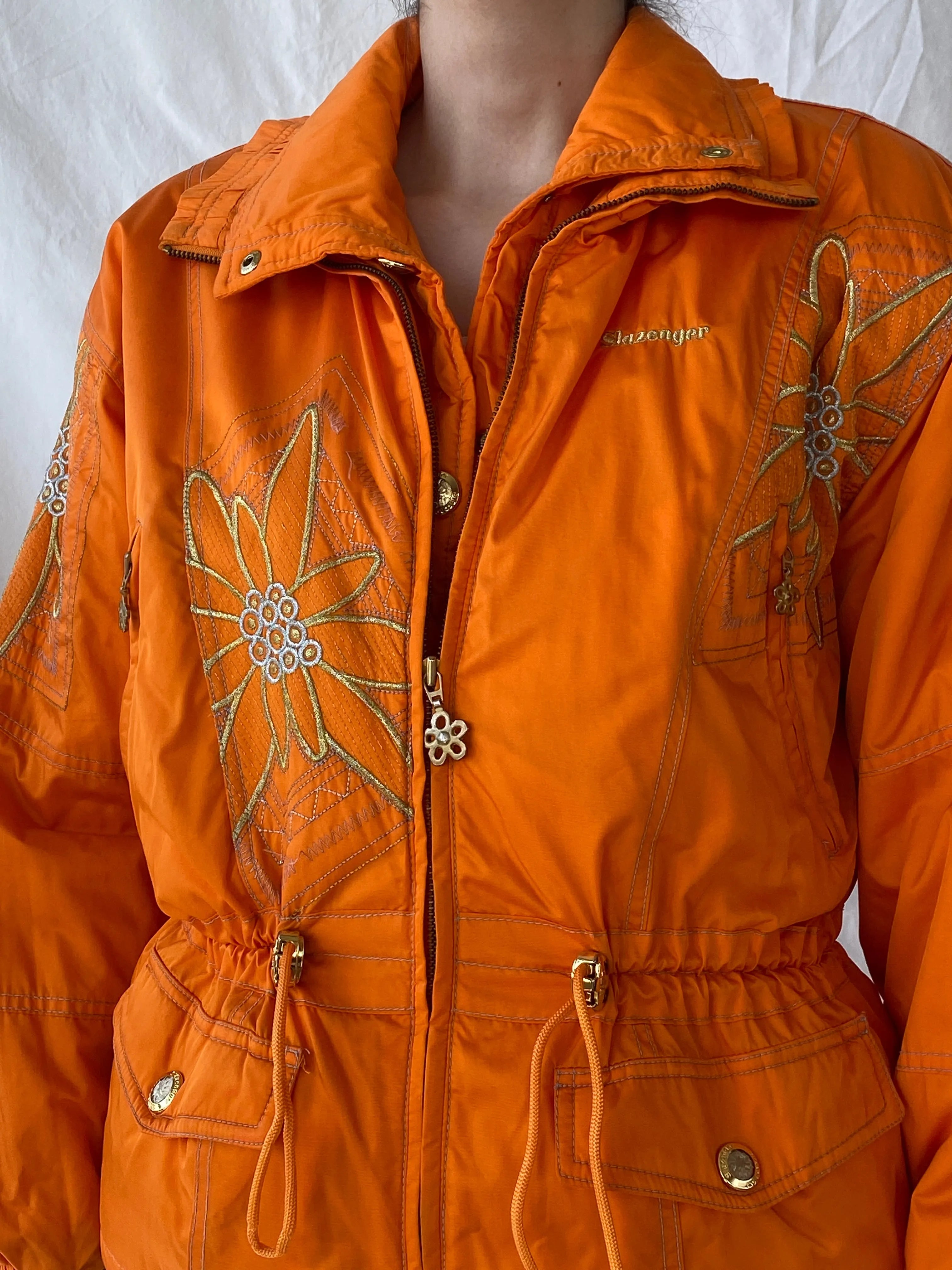 Vintage 80s/90s Slazenger Ski Orange Gold Floral Embellished Puffer Jacket - L - Balagan Vintage Windbreaker Jacket 00s, Ayah, ski jacket, vintage, vintage windbreaker, windbreaker, windbreaker jacket, women
