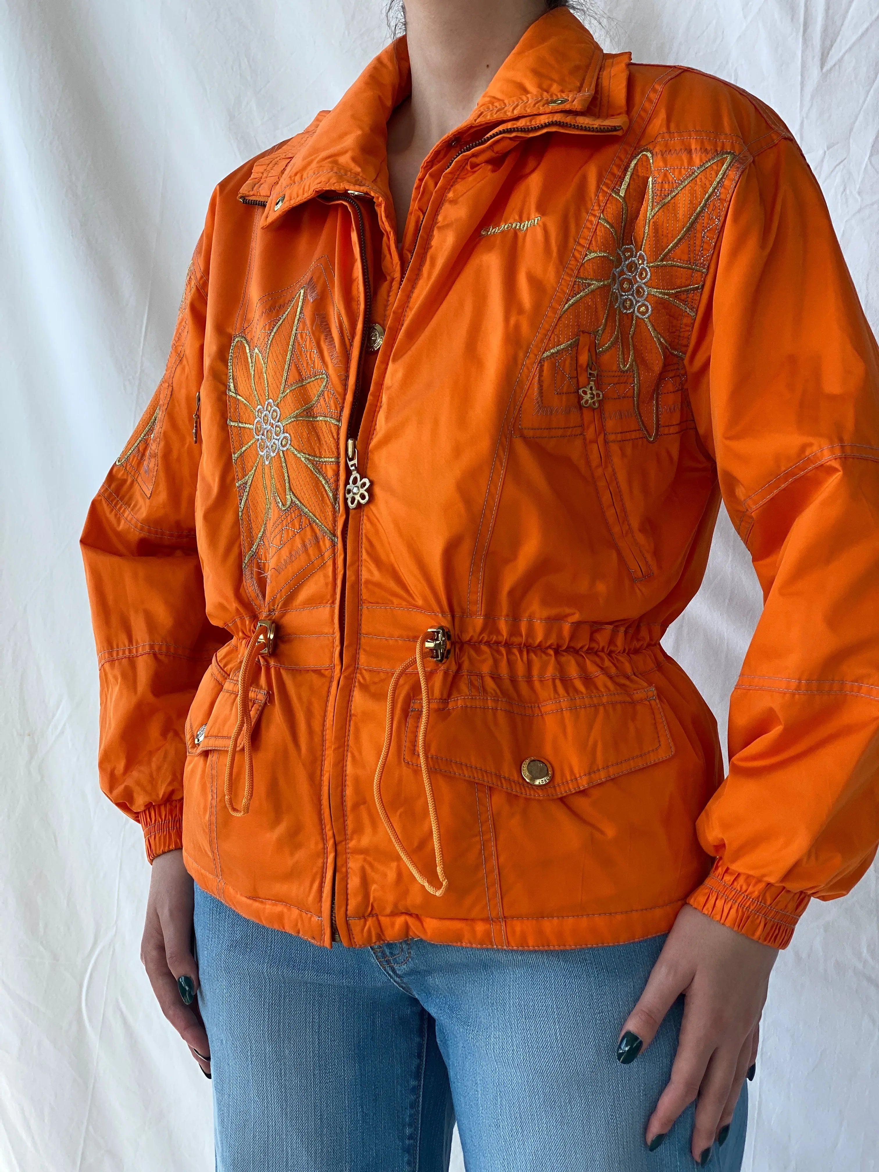 Vintage 80s/90s Slazenger Ski Orange Gold Floral Embellished Puffer Jacket - L - Balagan Vintage Windbreaker Jacket 00s, Ayah, ski jacket, vintage, vintage windbreaker, windbreaker, windbreaker jacket, women