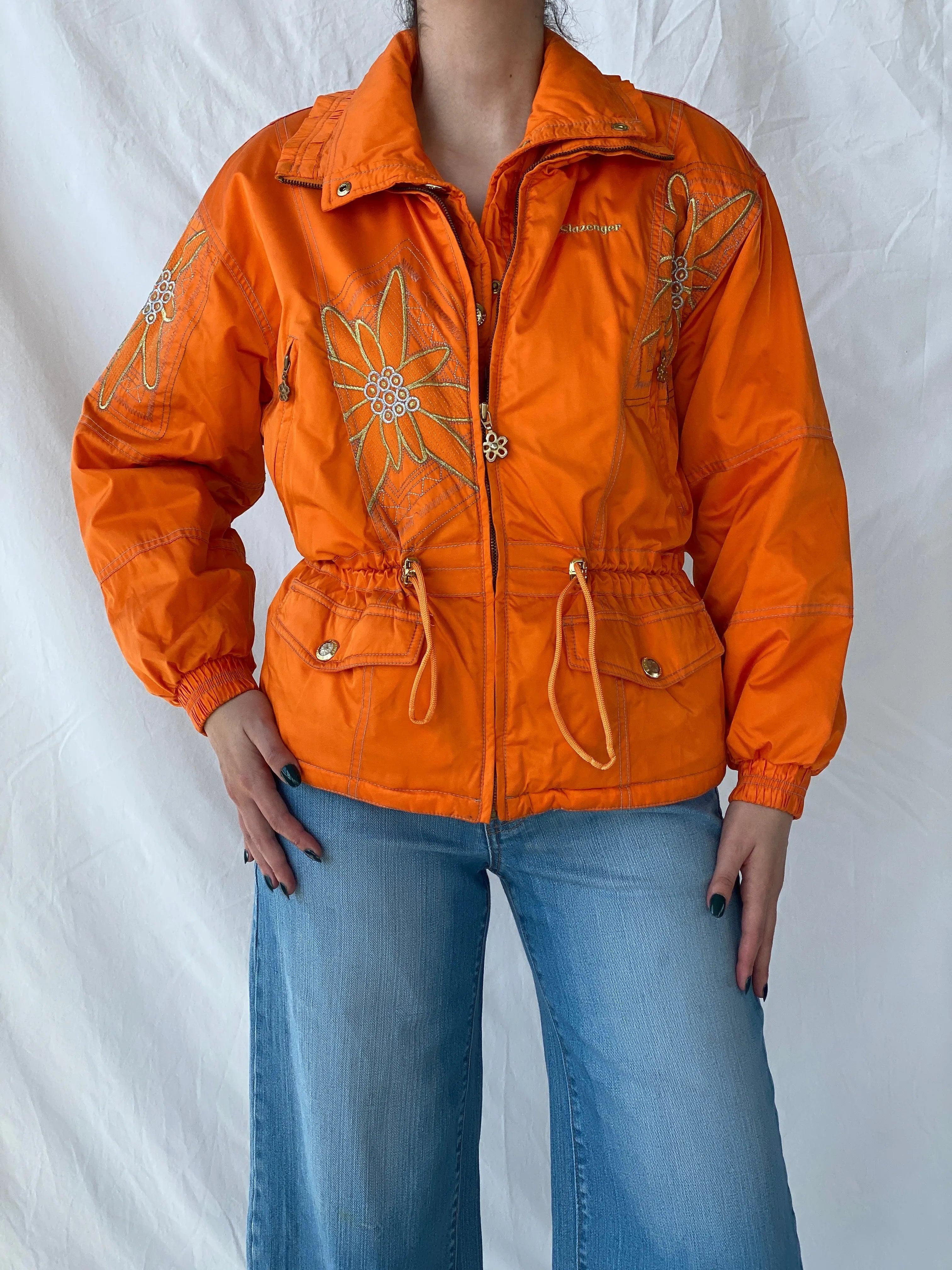 Vintage 80s/90s Slazenger Ski Orange Gold Floral Embellished Puffer Jacket - L - Balagan Vintage Windbreaker Jacket 00s, Ayah, ski jacket, vintage, vintage windbreaker, windbreaker, windbreaker jacket, women
