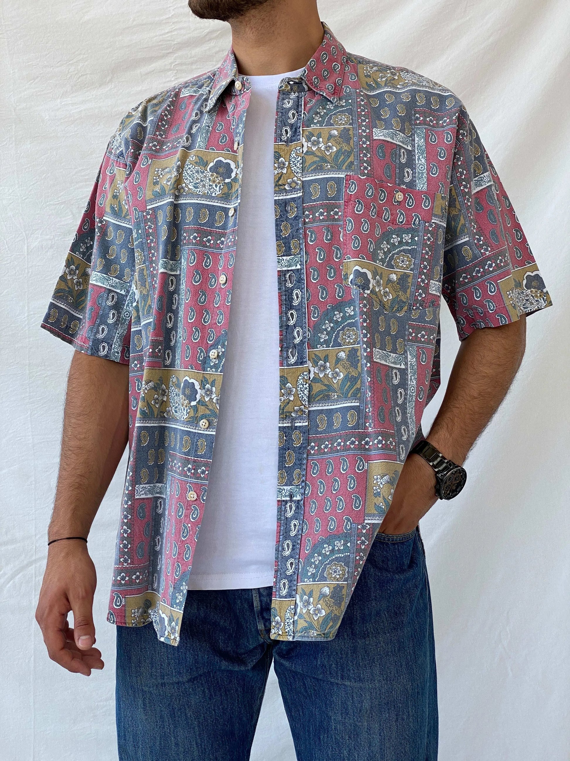 Vintage 90e Streetwear Woolrich Men’s Button Floral Print Shirt - XL - Balagan Vintage Half Sleeve Shirt 90s, floral, floral print, half sleeve shirt, mens shirt, printed shirt, Ramez