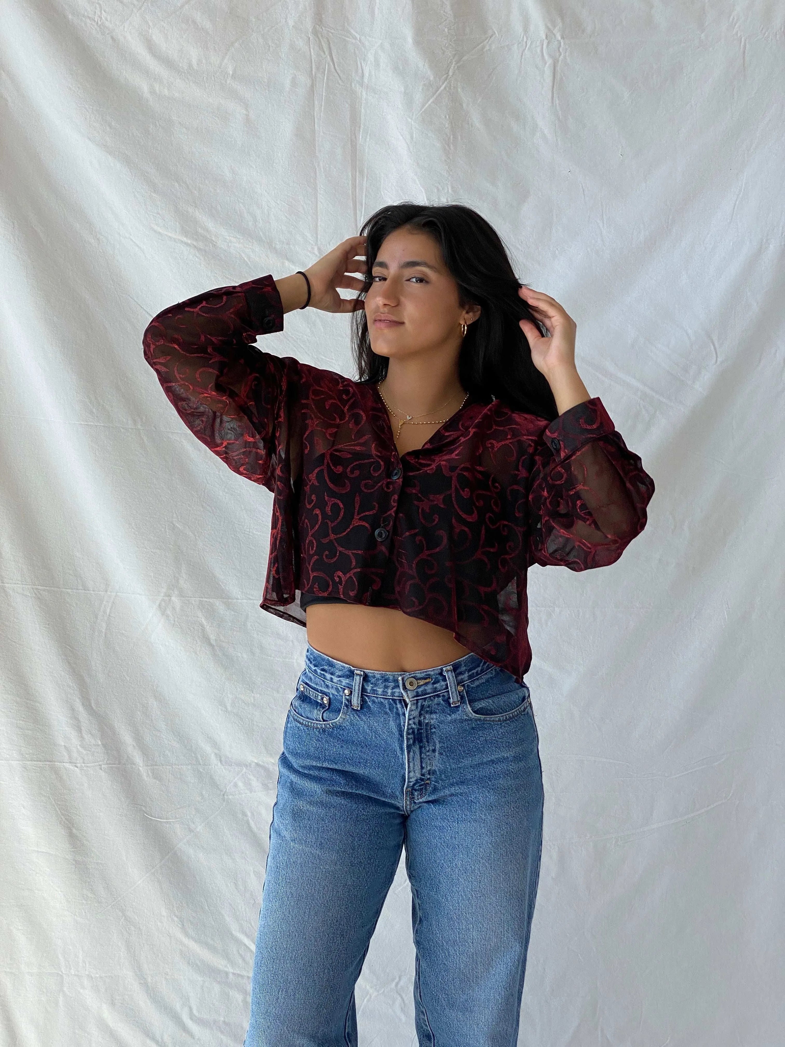 Vintage 90s 3K Fashion Cropped Black And Red Sheer Shirt - L - Balagan Vintage Full Sleeve Shirt 00s, full sleeve shirt, Lana, sheer, sheer shirt, summer