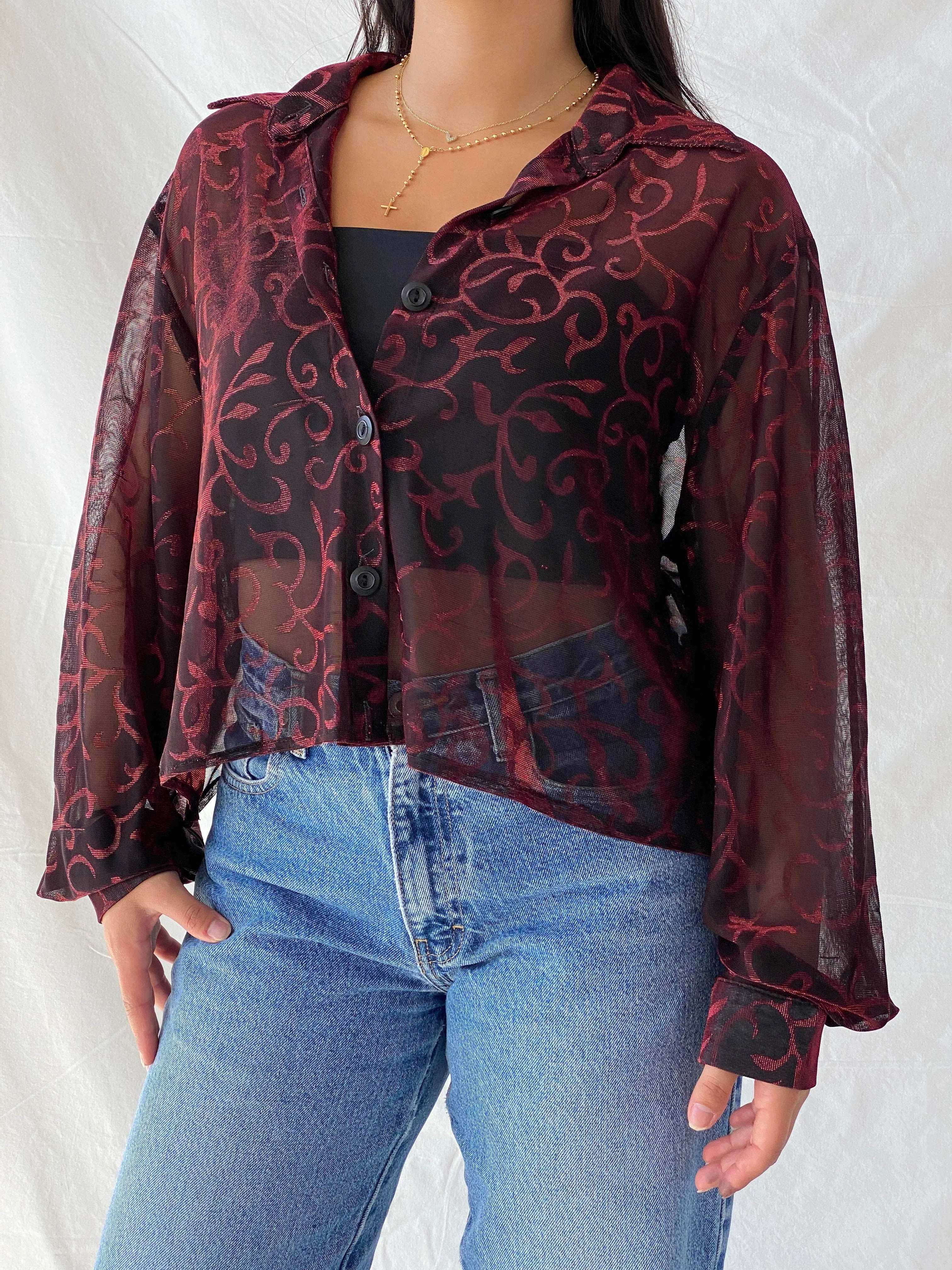 Vintage 90s 3K Fashion Cropped Black And Red Sheer Shirt - L - Balagan Vintage Full Sleeve Shirt 00s, full sleeve shirt, Lana, sheer, sheer shirt, summer
