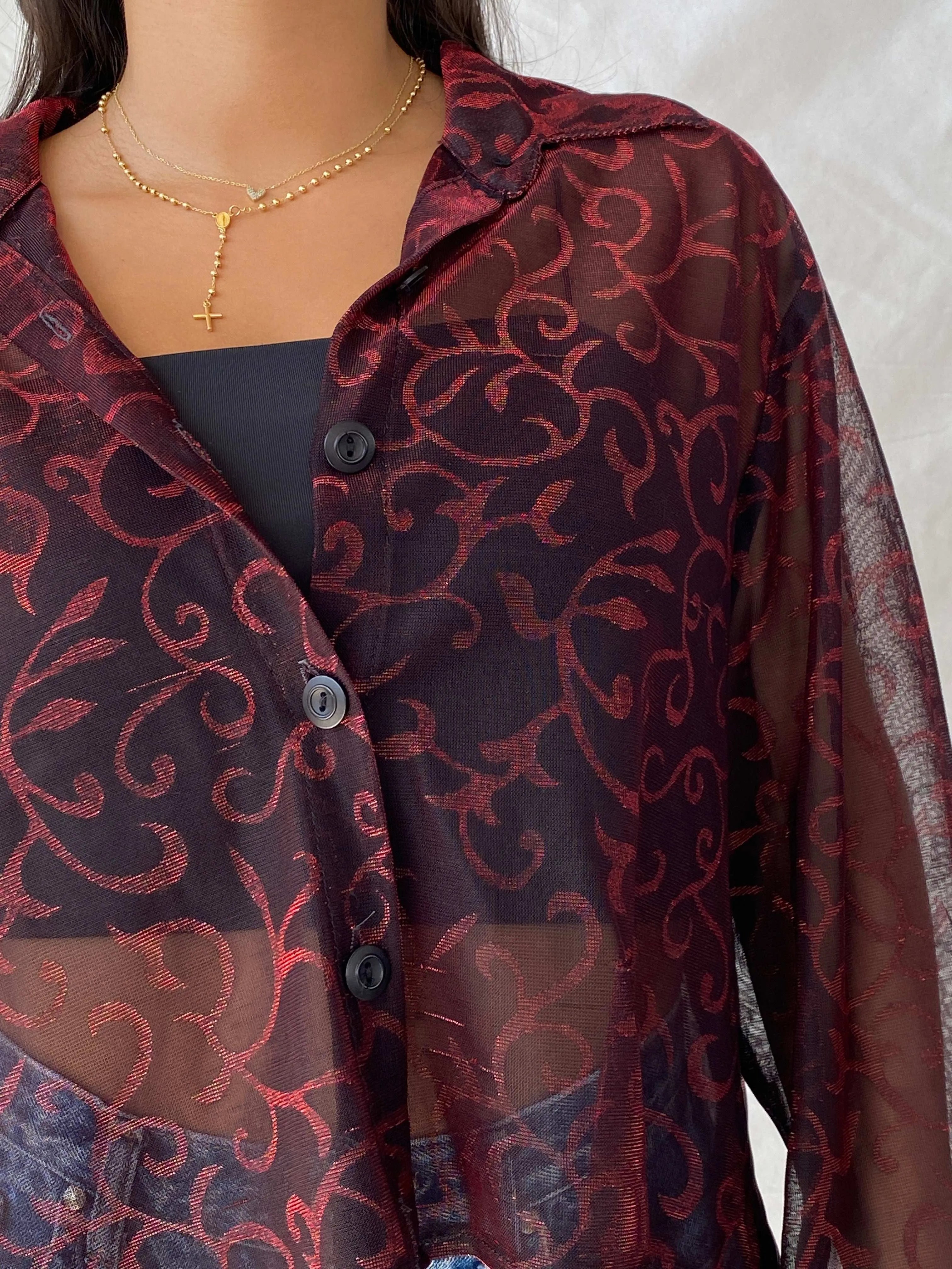 Vintage 90s 3K Fashion Cropped Black And Red Sheer Shirt - L - Balagan Vintage Full Sleeve Shirt 00s, Deals, full sleeve shirt, Lana, sheer, sheer shirt, summer