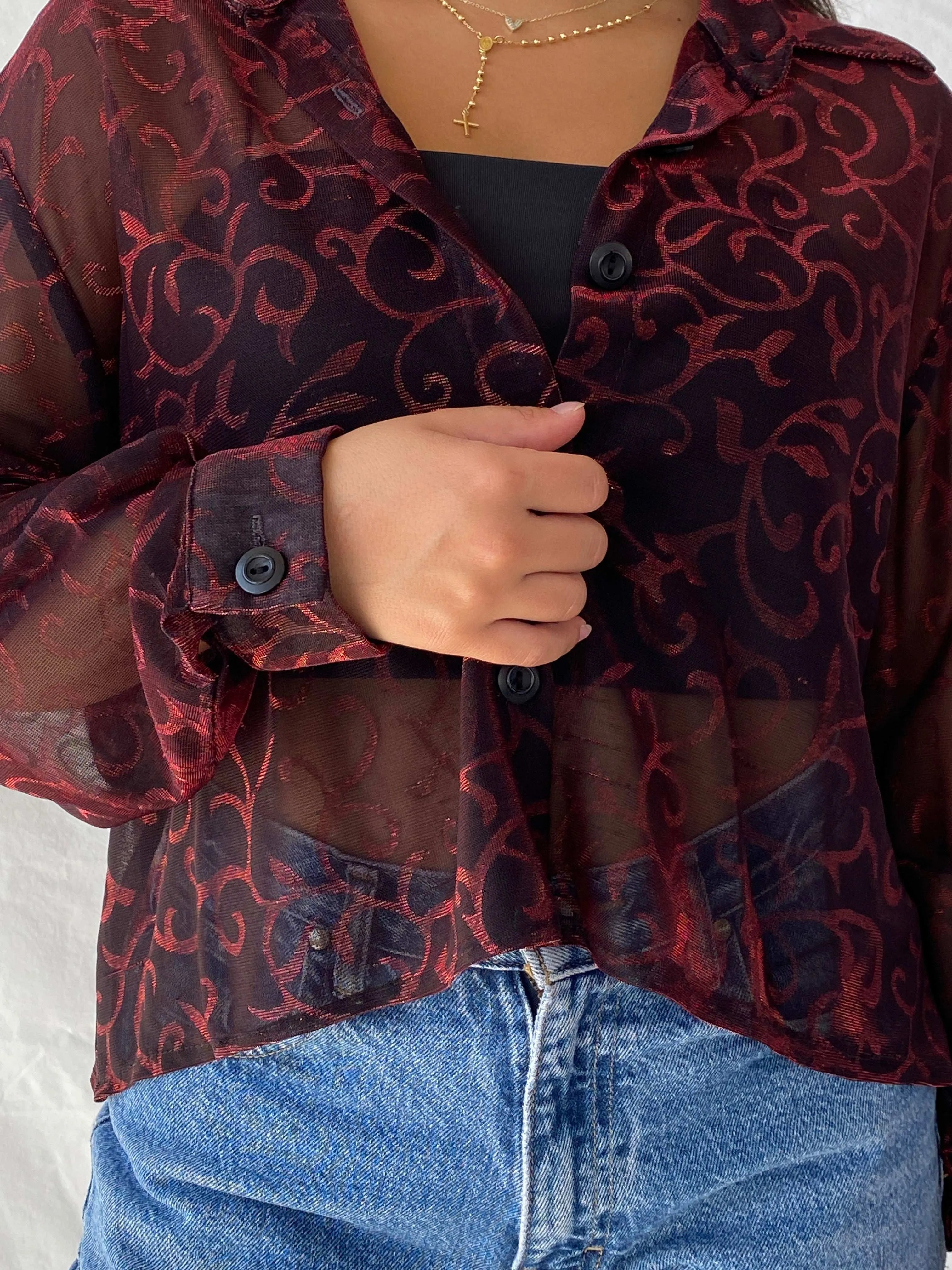 Vintage 90s 3K Fashion Cropped Black And Red Sheer Shirt - L - Balagan Vintage Full Sleeve Shirt 00s, Deals, full sleeve shirt, Lana, sheer, sheer shirt, summer
