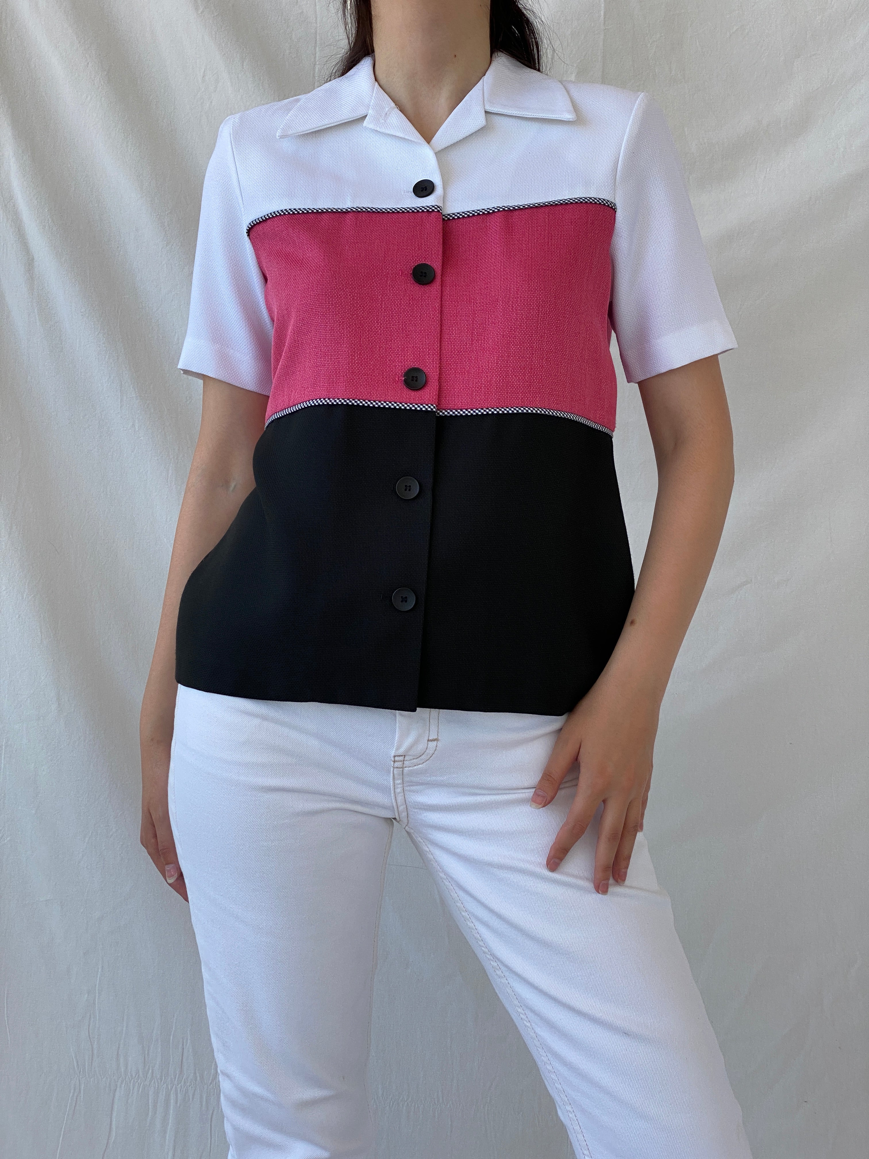 Vintage 90s Alfred Dunner White Pink Black Striped Women’s Padded Short Sleeve Heavy Shirt - M - Balagan Vintage Half Sleeve Shirt 00s, Ayah, cotton shirt, half sleeve shirt, NEW IN, shirt, women shirt