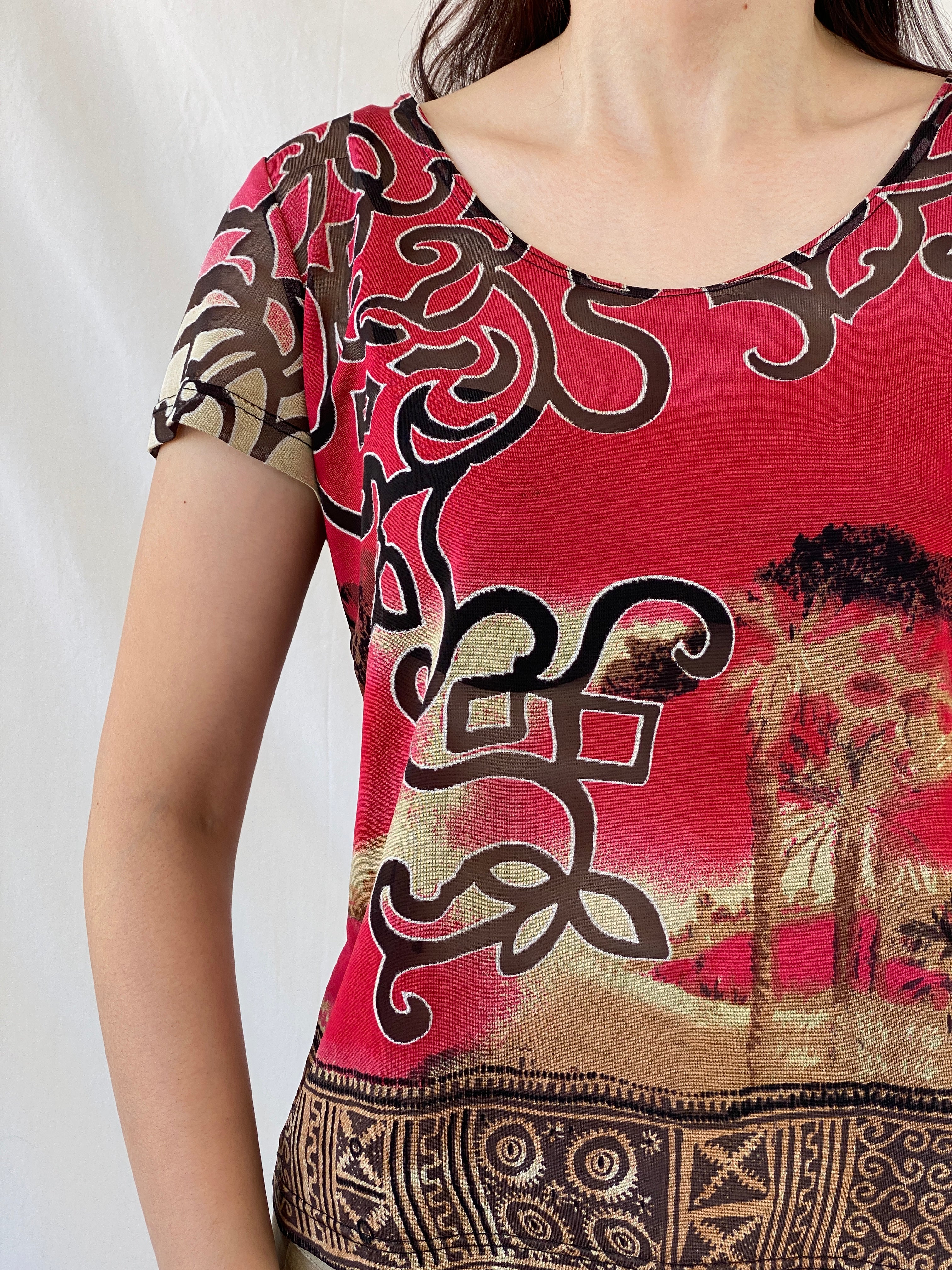 Vintage 90s Alma Ducal Graphic Red Semi Sheer Desert Print Mesh Top - XL - Balagan Vintage Half Sleeve Top 00s, Ayah, mesh, mesh top, NEW IN, summer, women top
