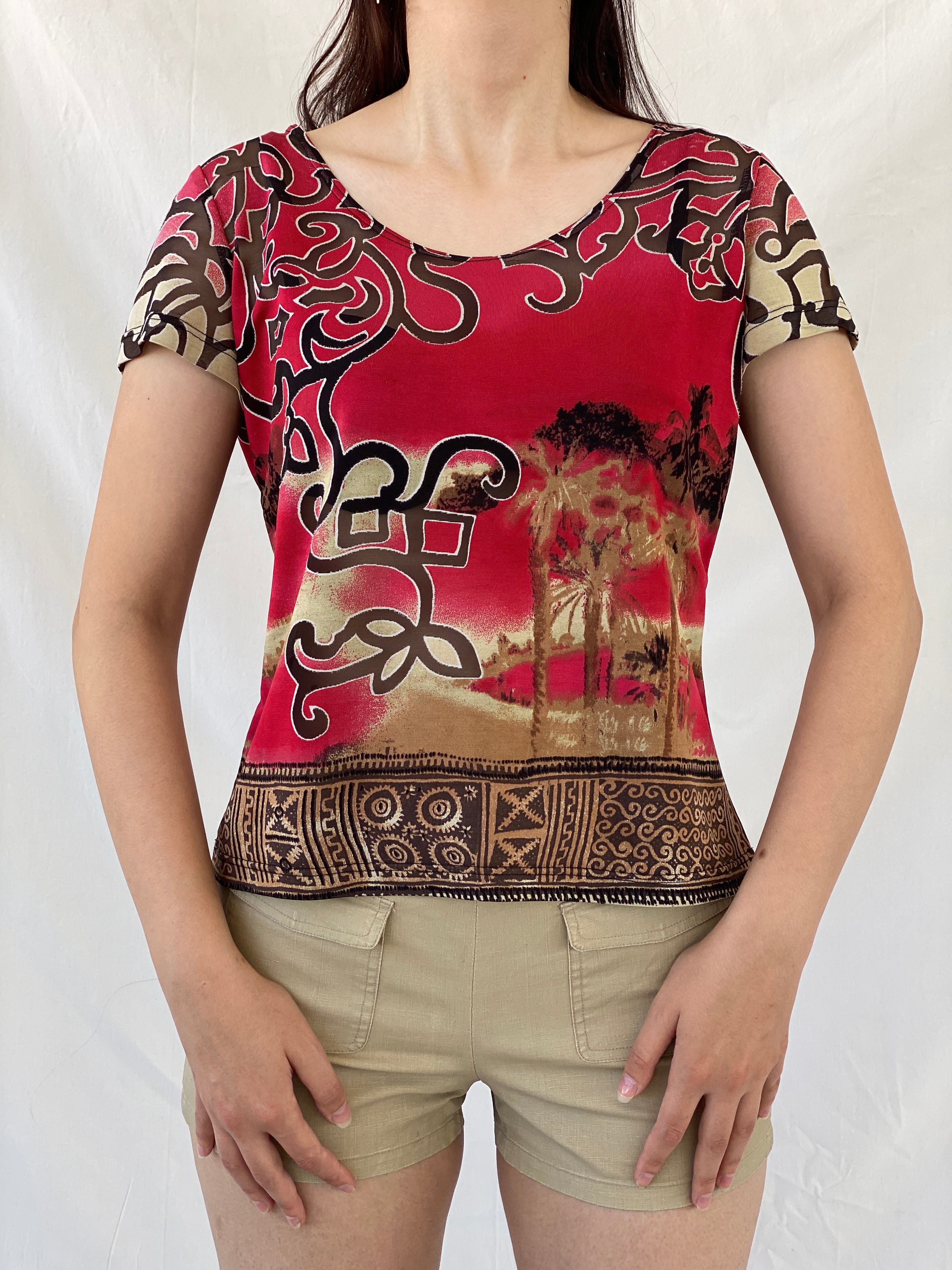 Vintage 90s Alma Ducal Graphic Red Semi Sheer Desert Print Mesh Top - XL - Balagan Vintage Half Sleeve Top 00s, Ayah, mesh, mesh top, NEW IN, summer, women top