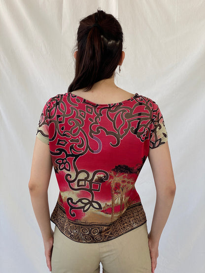 Vintage 90s Alma Ducal Graphic Red Semi Sheer Desert Print Mesh Top - XL - Balagan Vintage Half Sleeve Top 00s, Ayah, mesh, mesh top, NEW IN, summer, women top