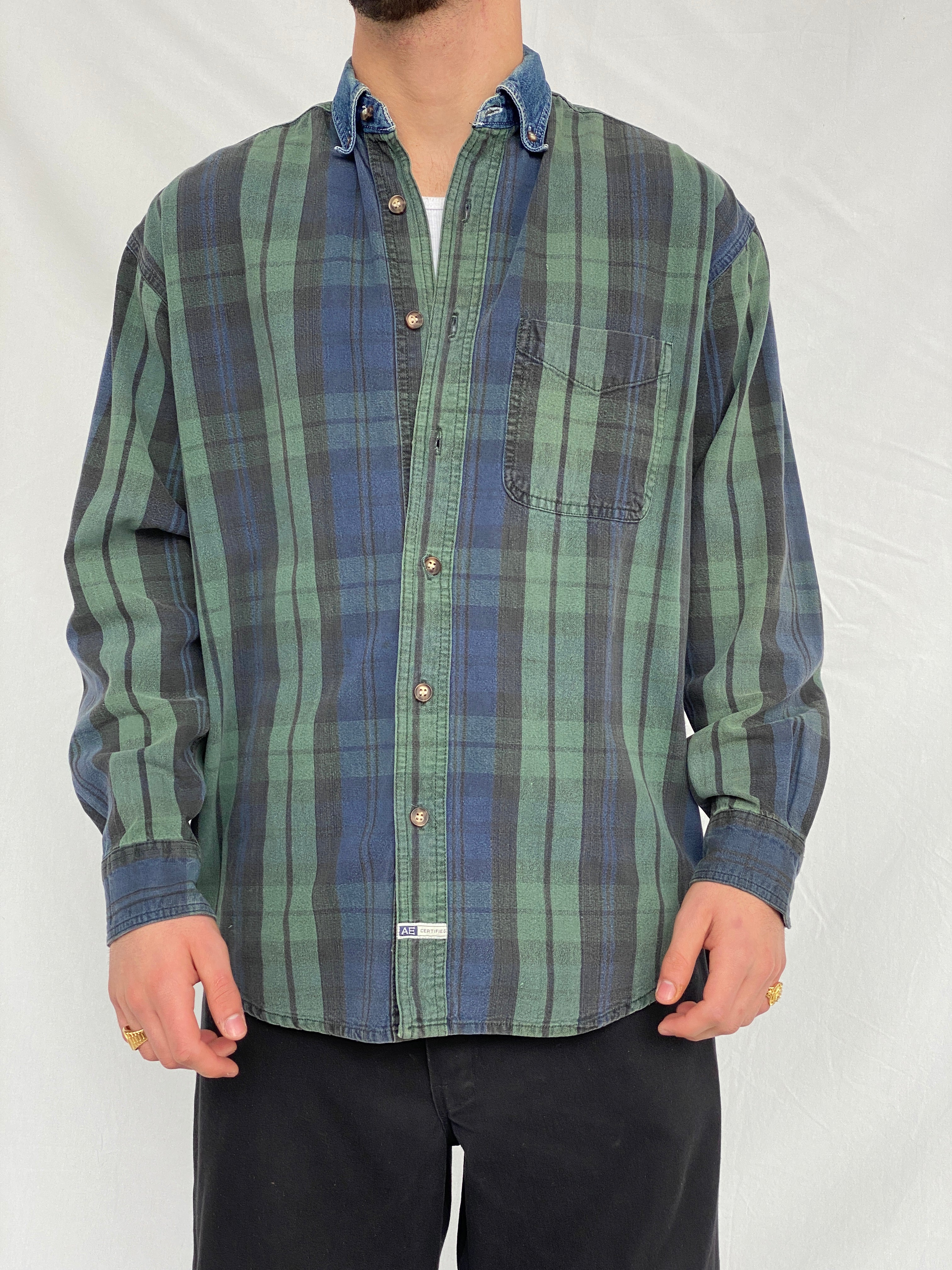 Vintage 90s American Eagle Men's Plaid Blue Green Button Up Shirt Denim Collar - M - Balagan Vintage Full Sleeve Shirt cotton shirt, denim, denim shirt, full sleeve shirt, Hamza, mens shirt, NEW IN, plaid shirt, winter