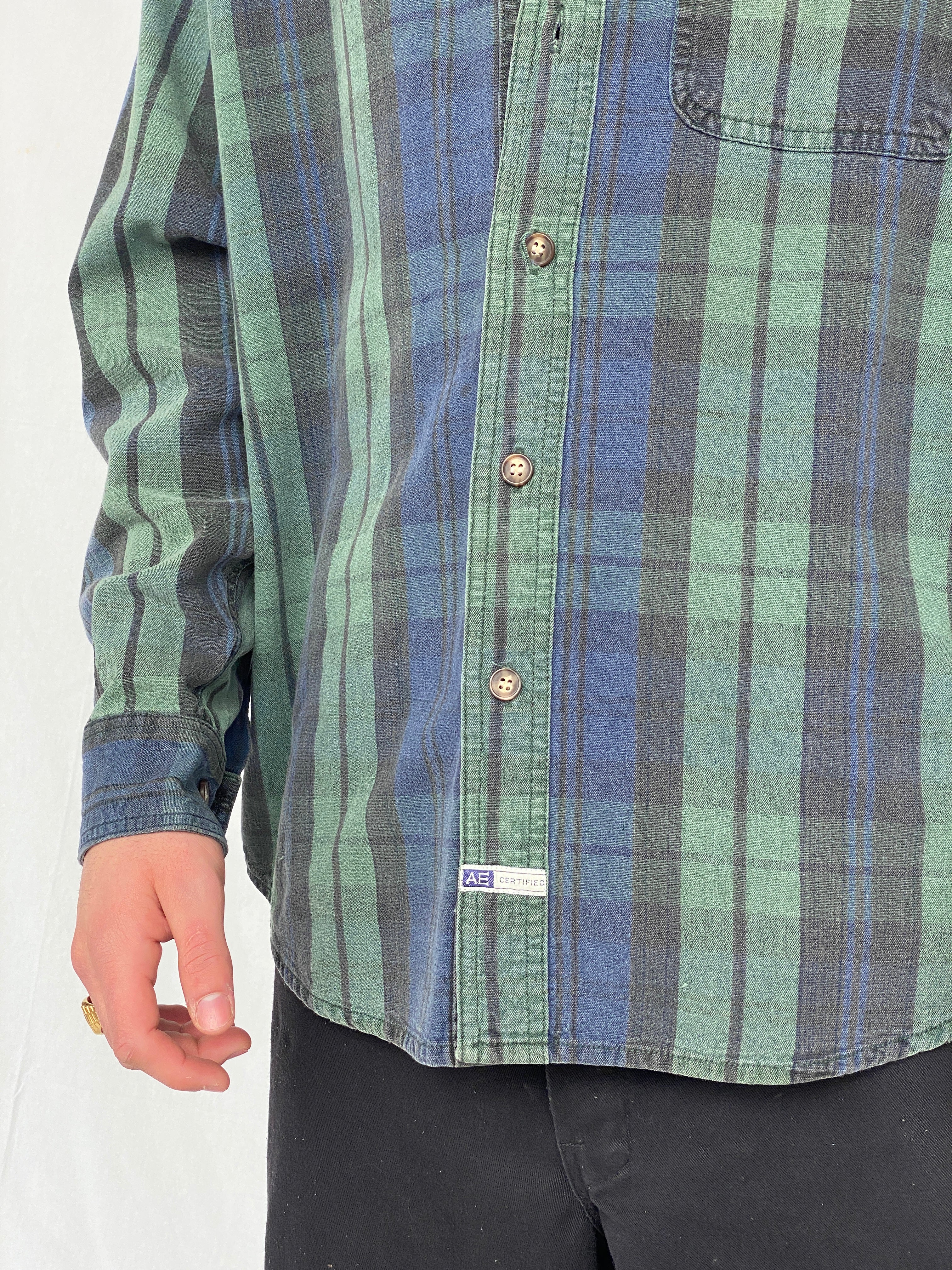 Vintage 90s American Eagle Men's Plaid Blue Green Button Up Shirt Denim Collar - M - Balagan Vintage Full Sleeve Shirt cotton shirt, denim, denim shirt, full sleeve shirt, Hamza, mens shirt, NEW IN, plaid shirt, winter