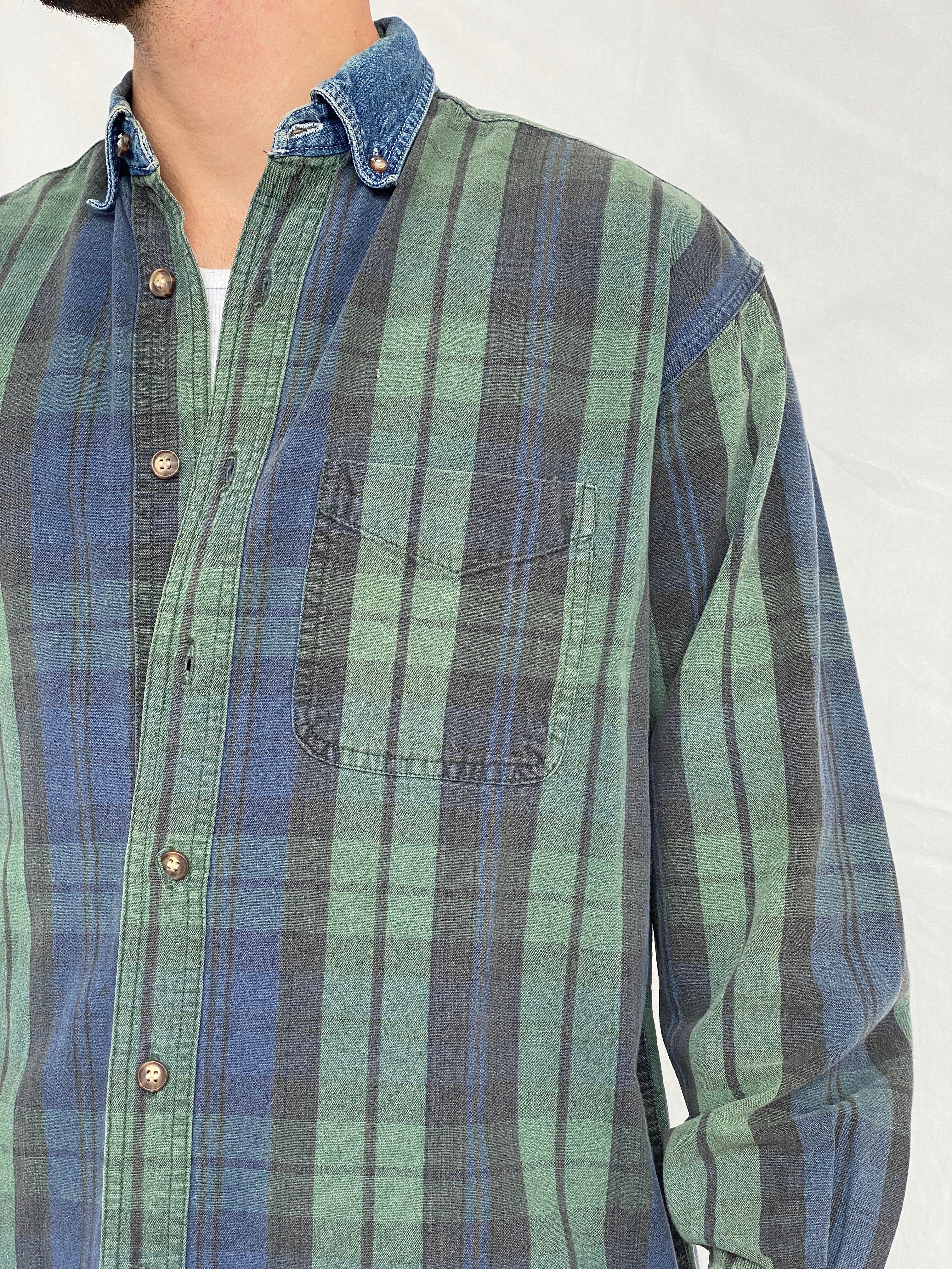 Vintage 90s American Eagle Men's Plaid Blue Green Button Up Shirt Denim Collar - M - Balagan Vintage Full Sleeve Shirt cotton shirt, denim, denim shirt, full sleeve shirt, Hamza, mens shirt, NEW IN, plaid shirt, winter