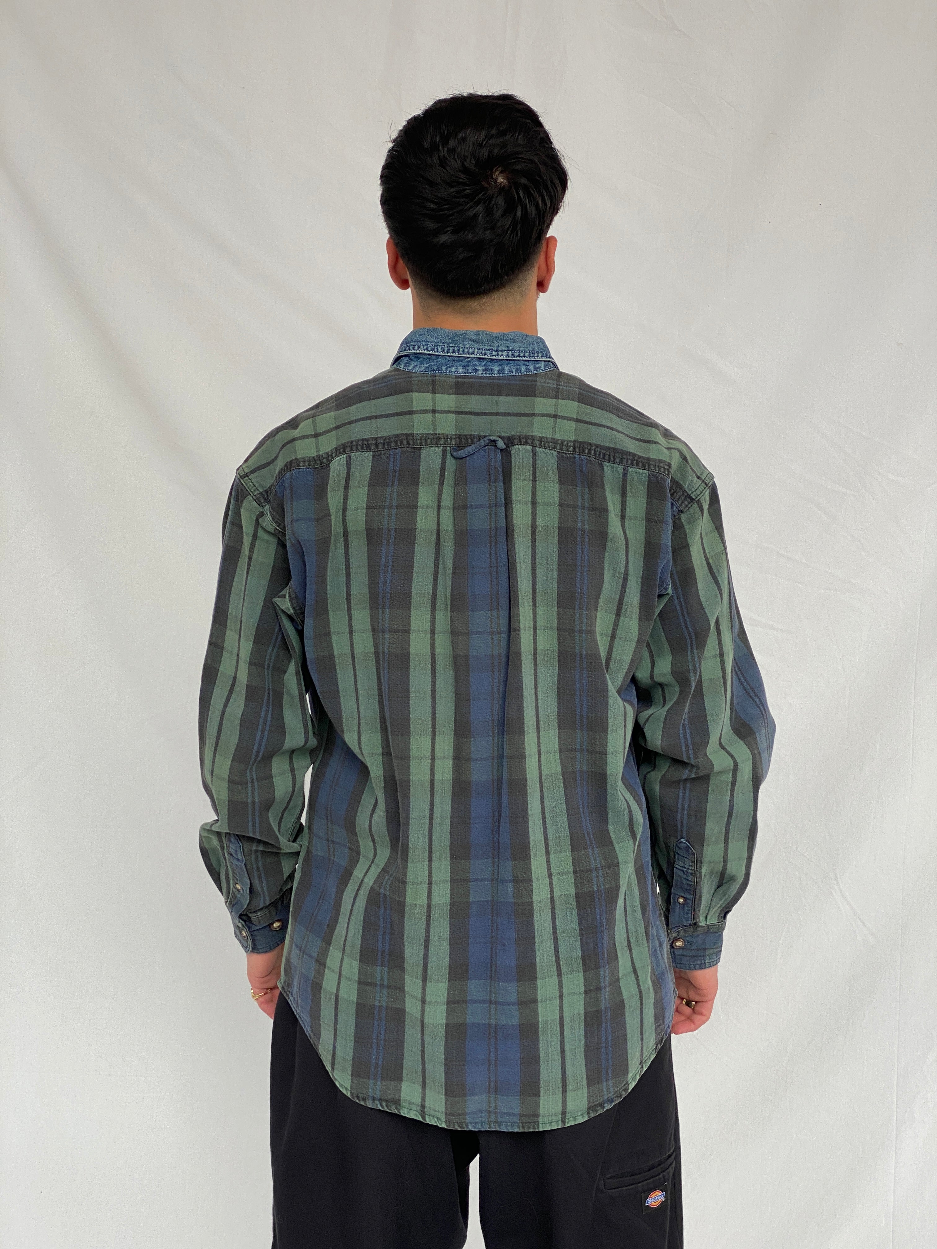 Vintage 90s American Eagle Men's Plaid Blue Green Button Up Shirt Denim Collar - M - Balagan Vintage Full Sleeve Shirt cotton shirt, denim, denim shirt, full sleeve shirt, Hamza, mens shirt, NEW IN, plaid shirt, winter