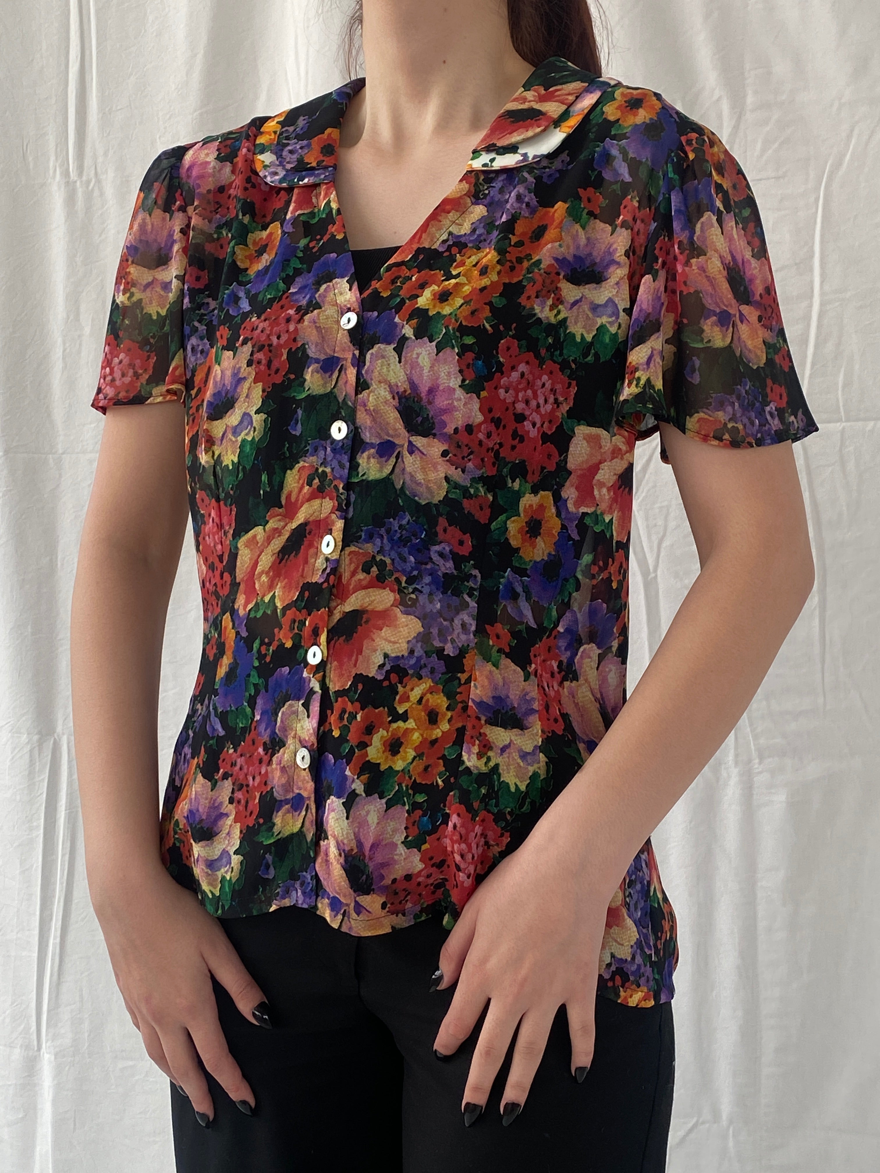 Vintage 90s Anne Lewis Sheer Floral Women’s Short Puff Sleeve Shirt - M - Balagan Vintage Half Sleeve Top 00s, Ayah, floral, floral print, floral shirt, NEW IN, sheer, sheer shirt, women top
