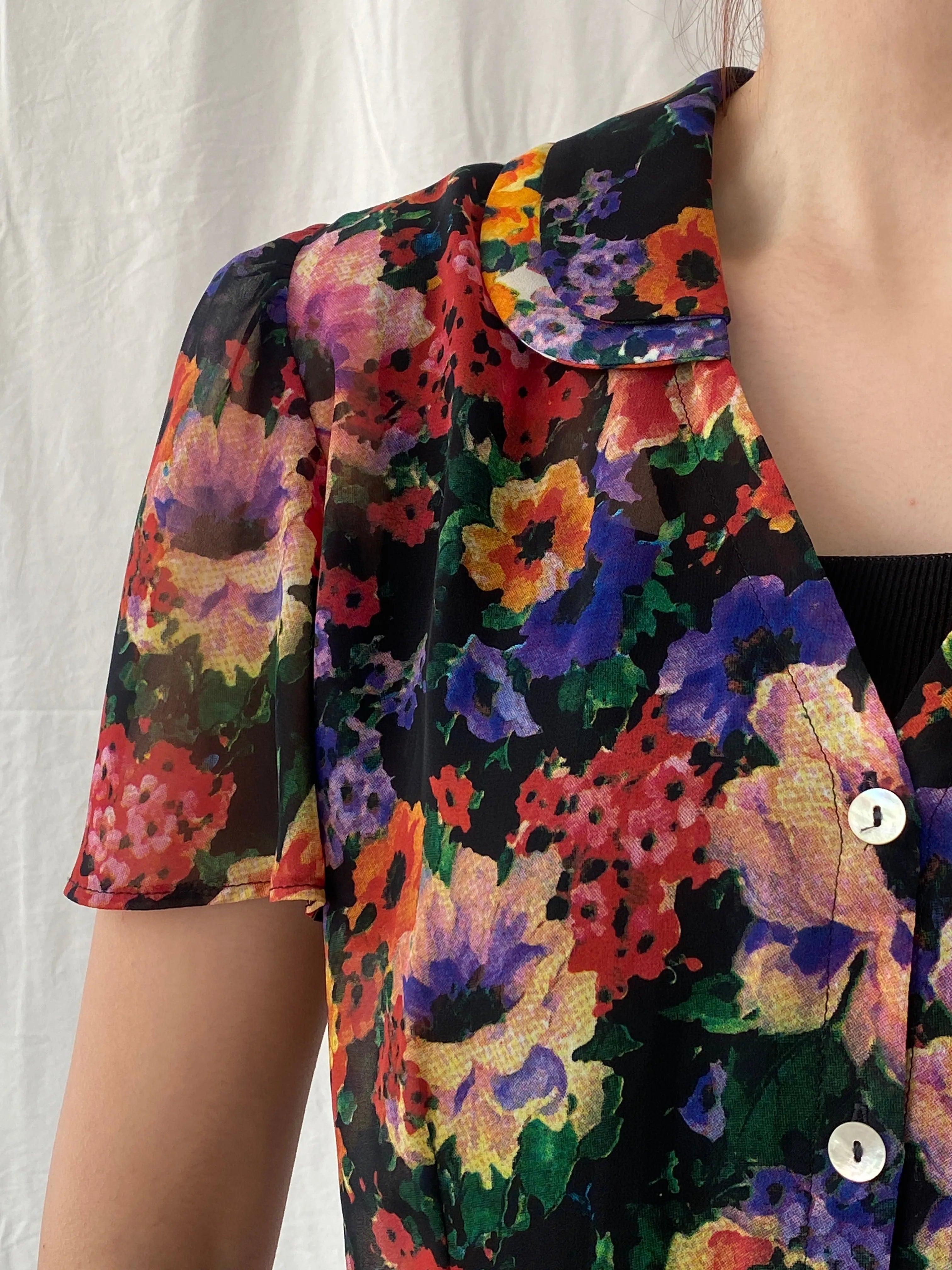 Vintage 90s Anne Lewis Sheer Floral Women’s Short Puff Sleeve Shirt - M - Balagan Vintage Half Sleeve Top 00s, Ayah, floral, floral print, floral shirt, sheer, sheer shirt, women top