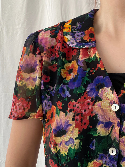 Vintage 90s Anne Lewis Sheer Floral Women’s Short Puff Sleeve Shirt - M - Balagan Vintage Half Sleeve Top 00s, Ayah, floral, floral print, floral shirt, sheer, sheer shirt, women top