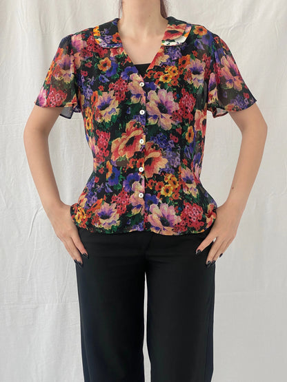 Vintage 90s Anne Lewis Sheer Floral Women’s Short Puff Sleeve Shirt - M - Balagan Vintage Half Sleeve Top 00s, Ayah, floral, floral print, floral shirt, sheer, sheer shirt, women top