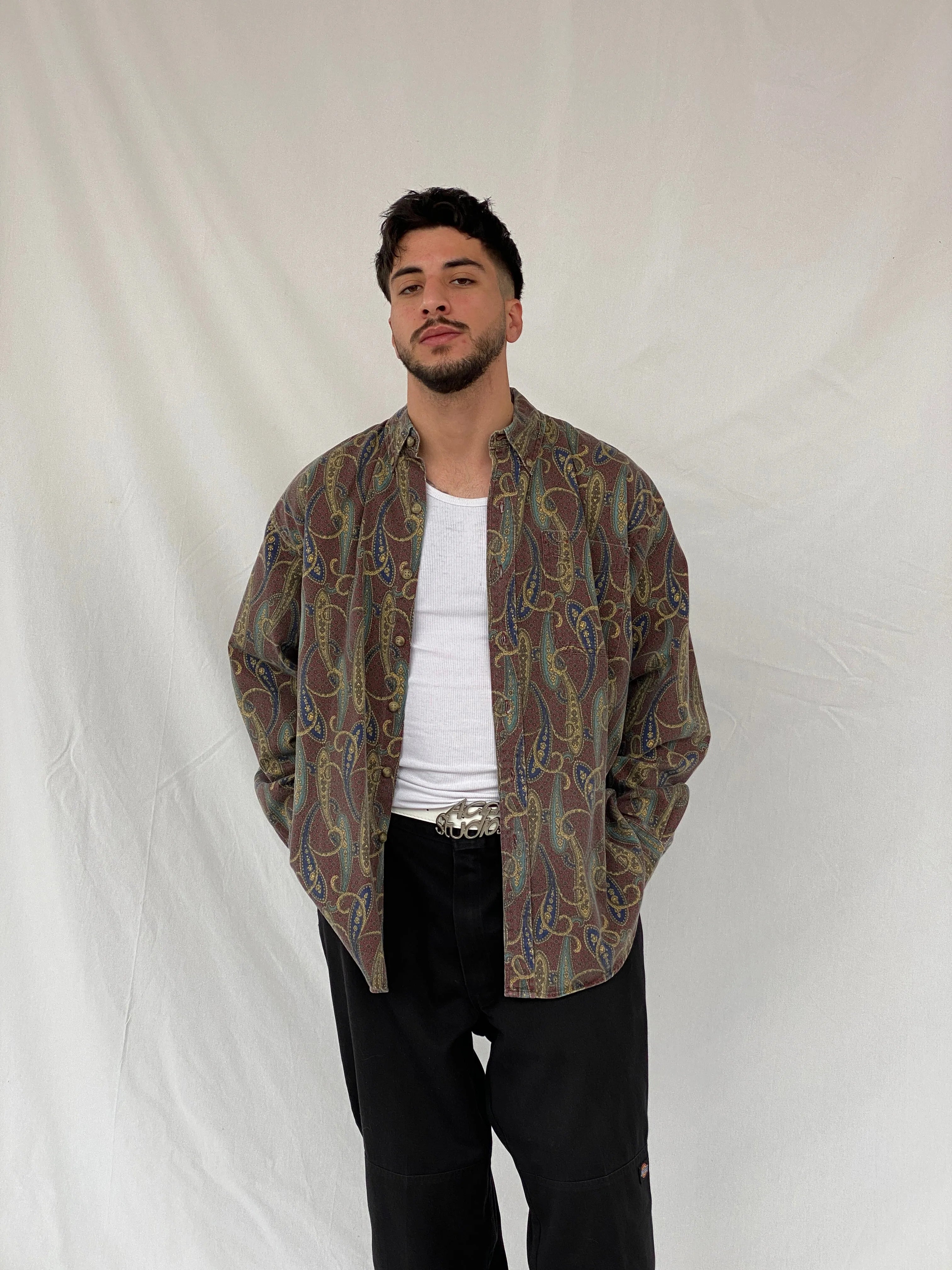 Vintage 90s Arrow Paisley Print Button Up Full Sleeve Men’s Shirt - L - Balagan Vintage Full Sleeve Shirt cotton shirt, full sleeve shirt, Hamza, men, mens shirt, printed shirt, winter
