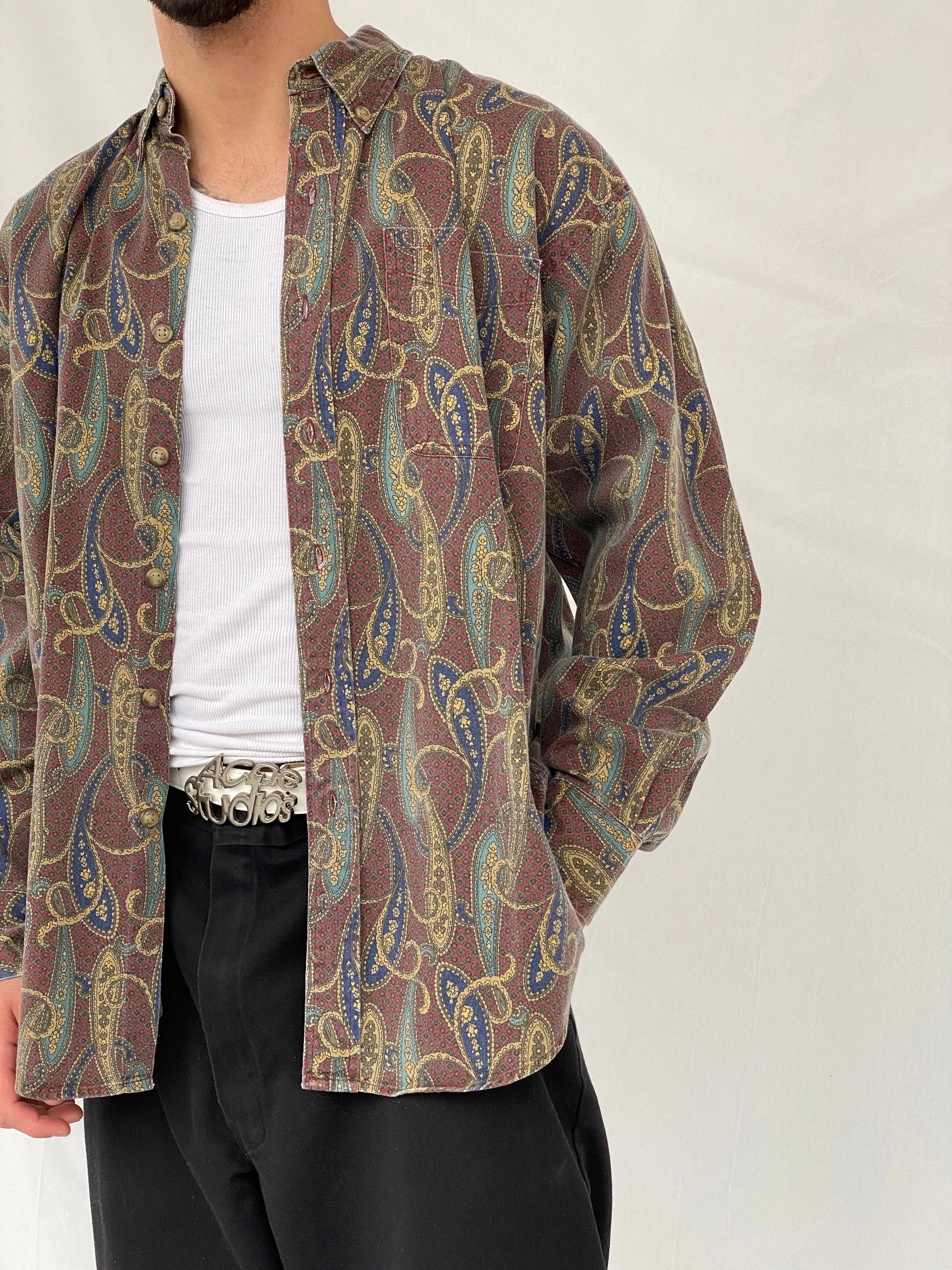 Vintage 90s Arrow Paisley Print Button Up Full Sleeve Men’s Shirt - L - Balagan Vintage Full Sleeve Shirt cotton shirt, full sleeve shirt, Hamza, men, mens shirt, printed shirt, winter