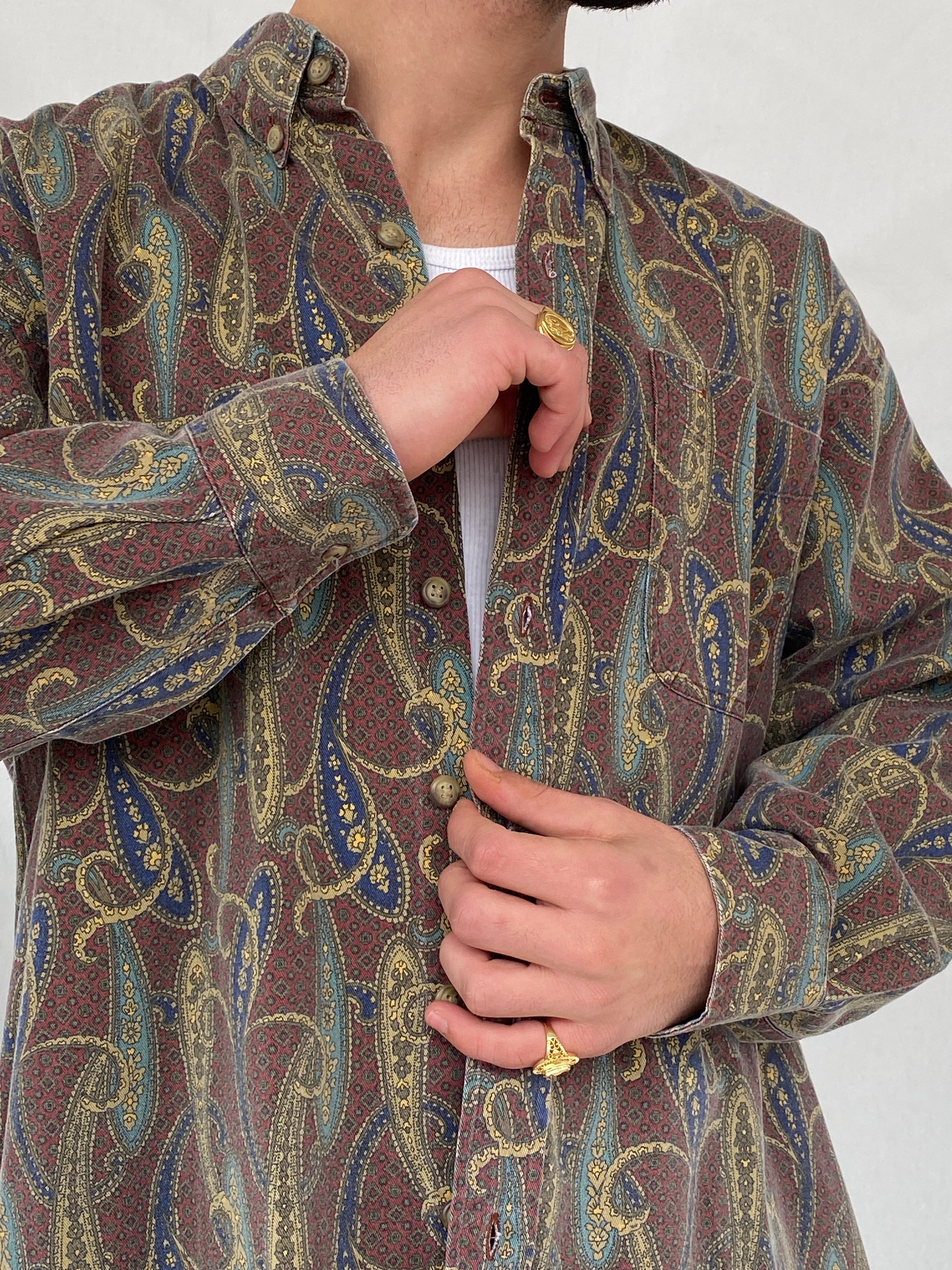 Vintage 90s Arrow Paisley Print Button Up Full Sleeve Men’s Shirt - L - Balagan Vintage Full Sleeve Shirt cotton shirt, full sleeve shirt, Hamza, men, mens shirt, NEW IN, printed shirt, winter