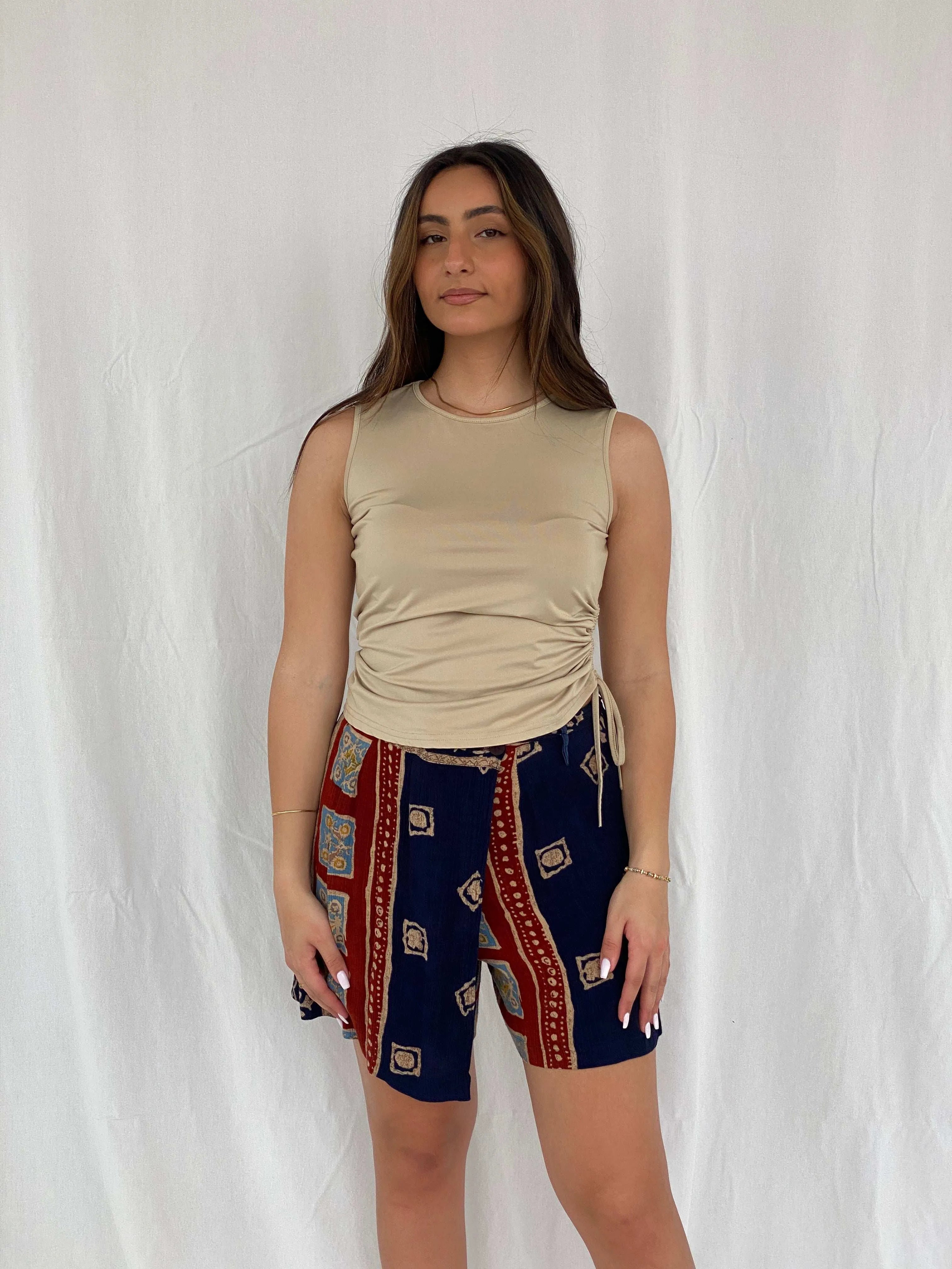 Vintage 90s Bem’s Paris Boho Print Navy Skorts - Size L - Balagan Vintage Shorts 00s, printed shorts, Rama, shorts, vintage shorts