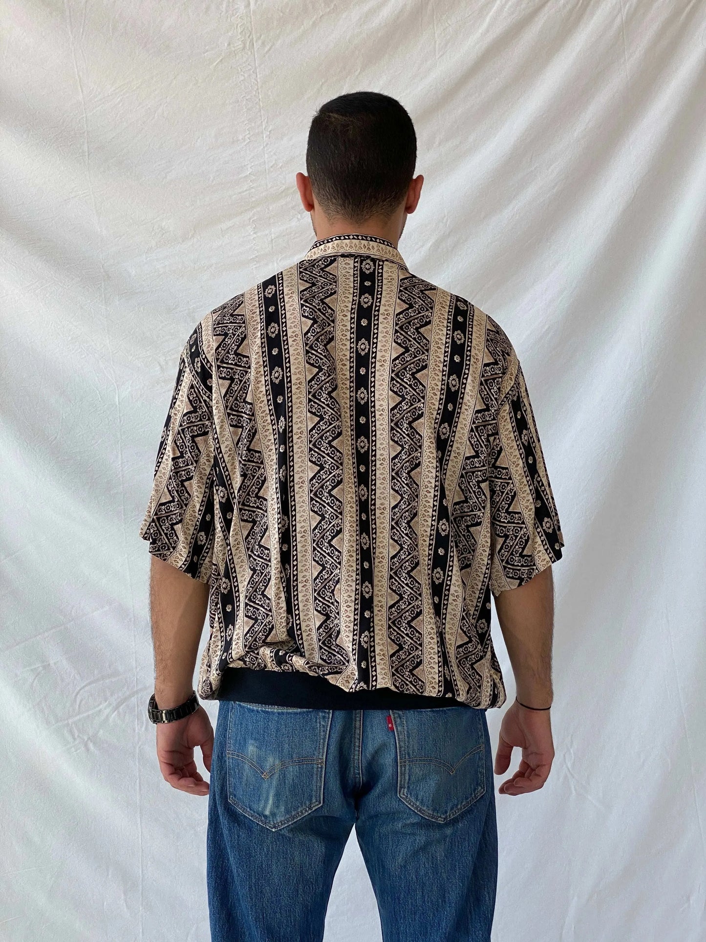 Vintage 90s Boulevard Big Man Striped Abstract Geometric Top - L - Balagan Vintage Half Sleeve Top 90s, geometric print, graphic top, men top, Ramez