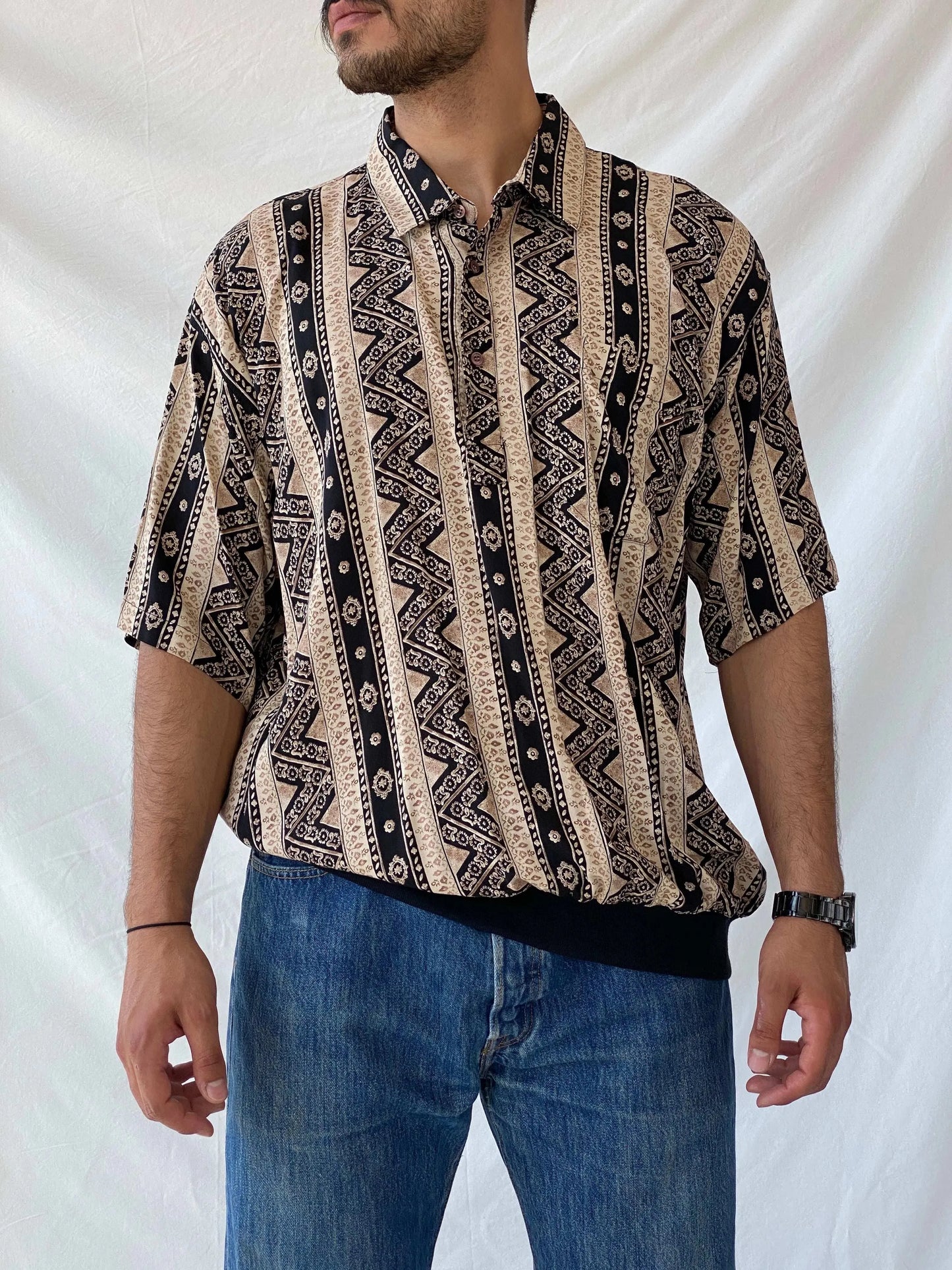 Vintage 90s Boulevard Big Man Striped Abstract Geometric Top - L - Balagan Vintage Half Sleeve Top 90s, geometric print, graphic top, men top, Ramez